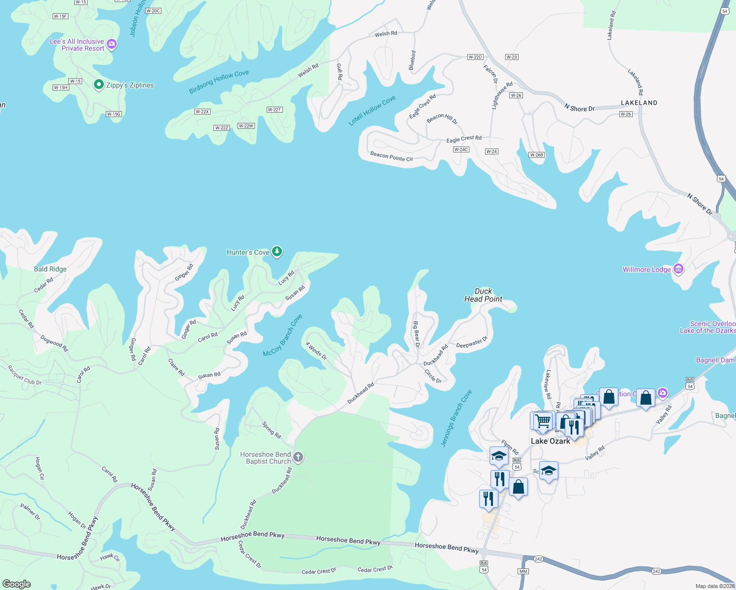 map of restaurants, bars, coffee shops, grocery stores, and more near Monarch Cove Court in Lake Ozark