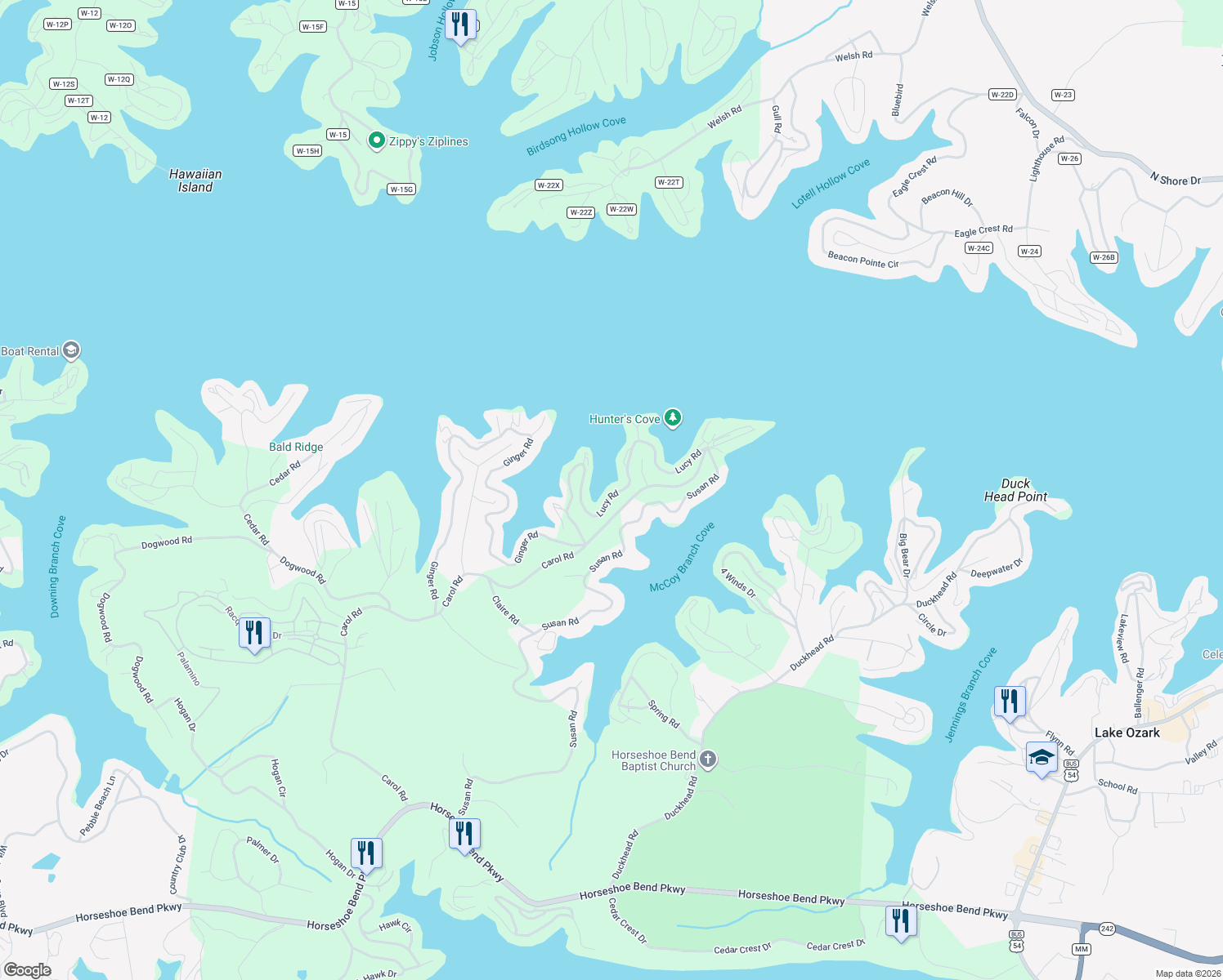 map of restaurants, bars, coffee shops, grocery stores, and more near 443-459 Carol Rd in Lake Ozark