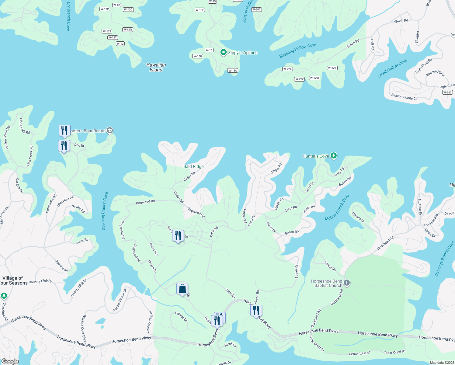 map of restaurants, bars, coffee shops, grocery stores, and more near Red Bud Road in Lake Ozark