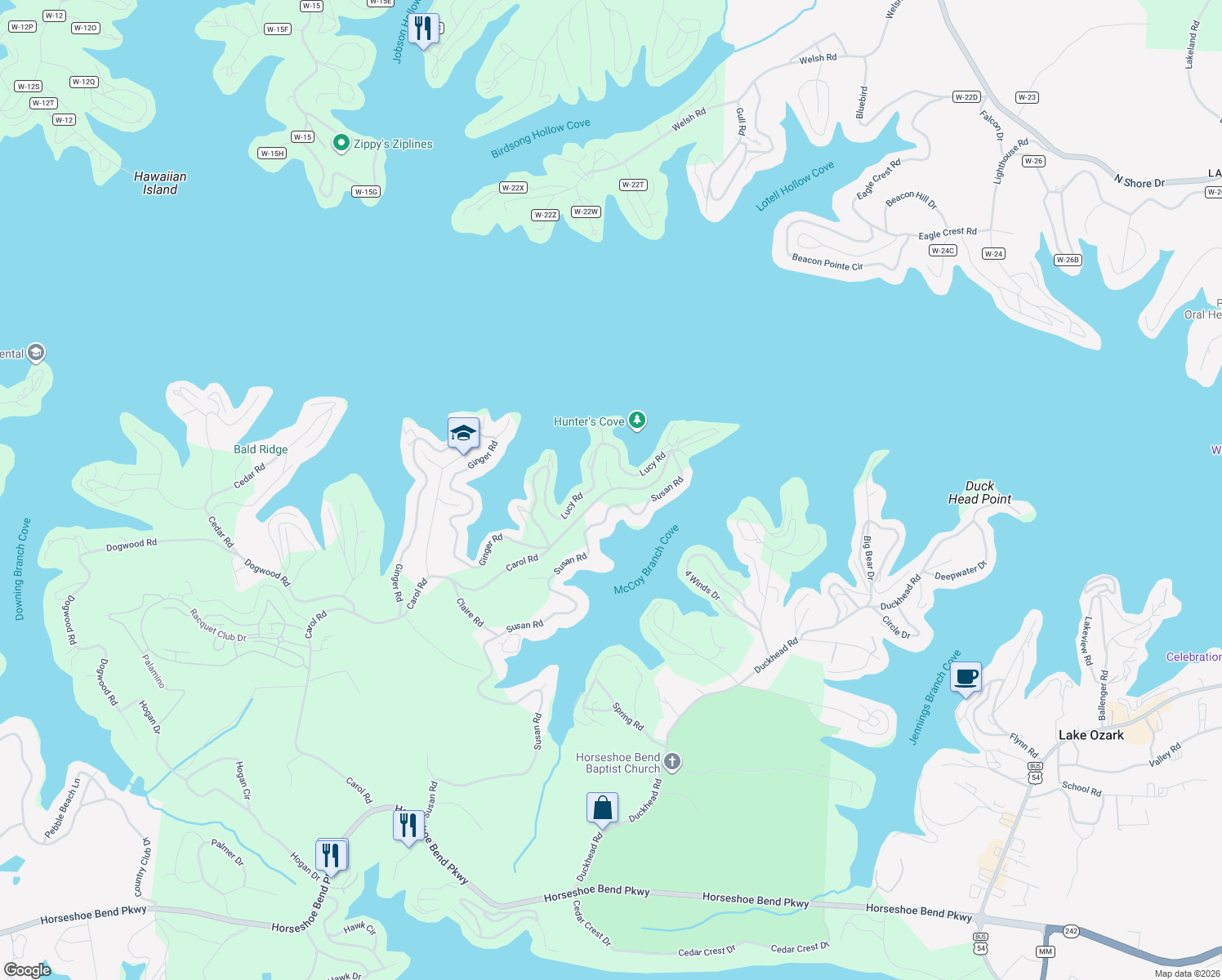 map of restaurants, bars, coffee shops, grocery stores, and more near 459 Carol Road in Lake Ozark