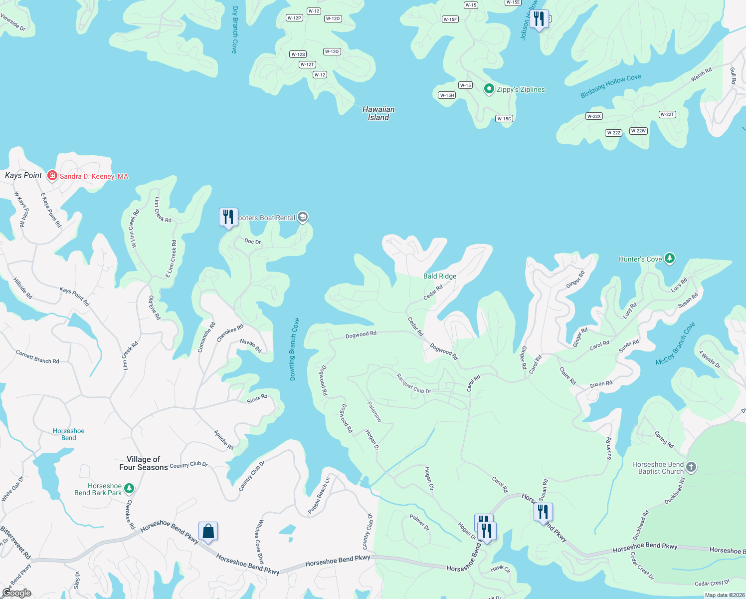 map of restaurants, bars, coffee shops, grocery stores, and more near Walnut Road in Lake Ozark