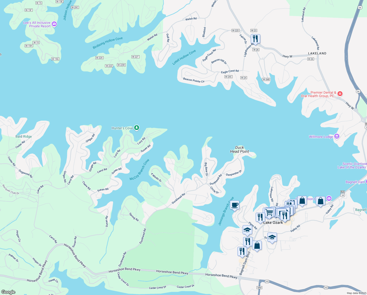 map of restaurants, bars, coffee shops, grocery stores, and more near 6 Monarch Cove Court in Lake Ozark