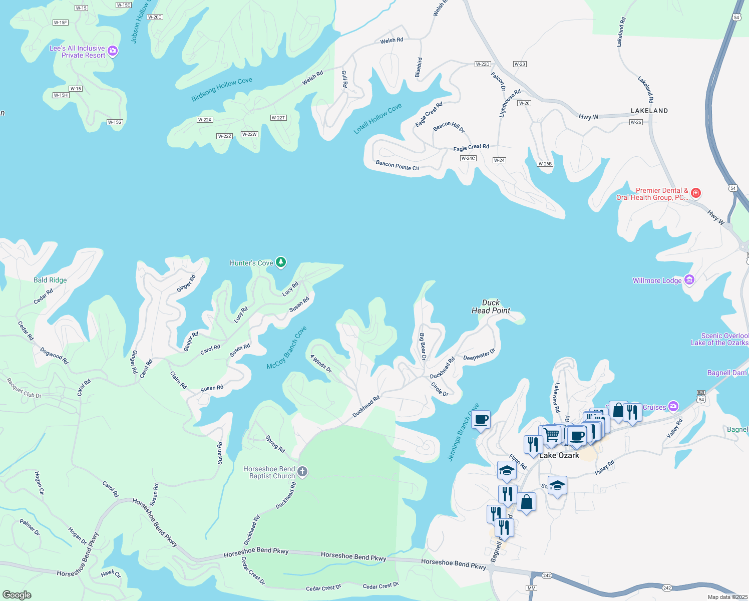 map of restaurants, bars, coffee shops, grocery stores, and more near 12 Monarch Cove Court in Lake Ozark
