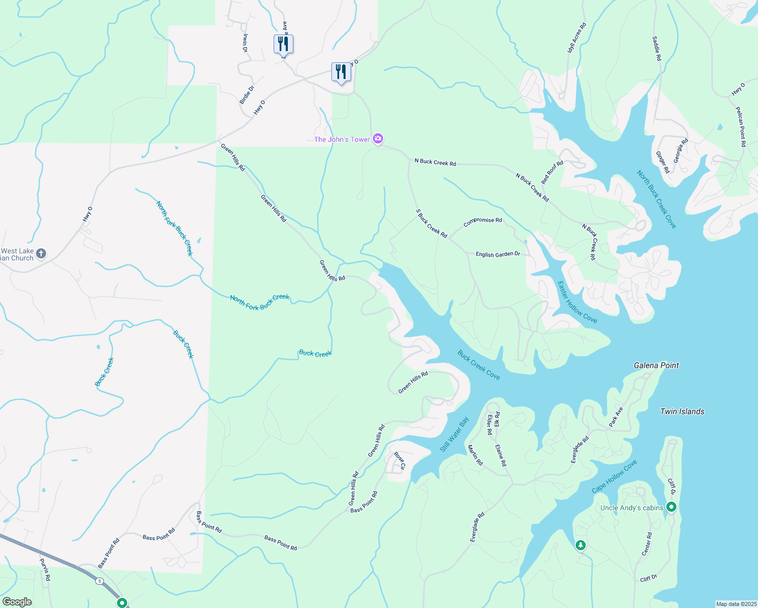 map of restaurants, bars, coffee shops, grocery stores, and more near 32555 Green Hills Road in Gravois Mills