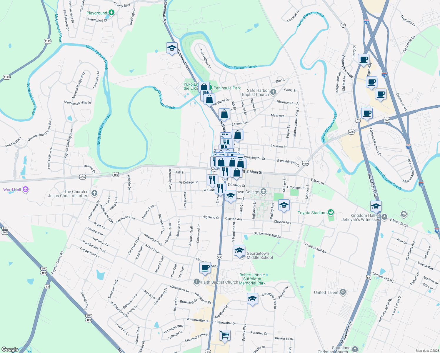 map of restaurants, bars, coffee shops, grocery stores, and more near Opera Alley in Georgetown