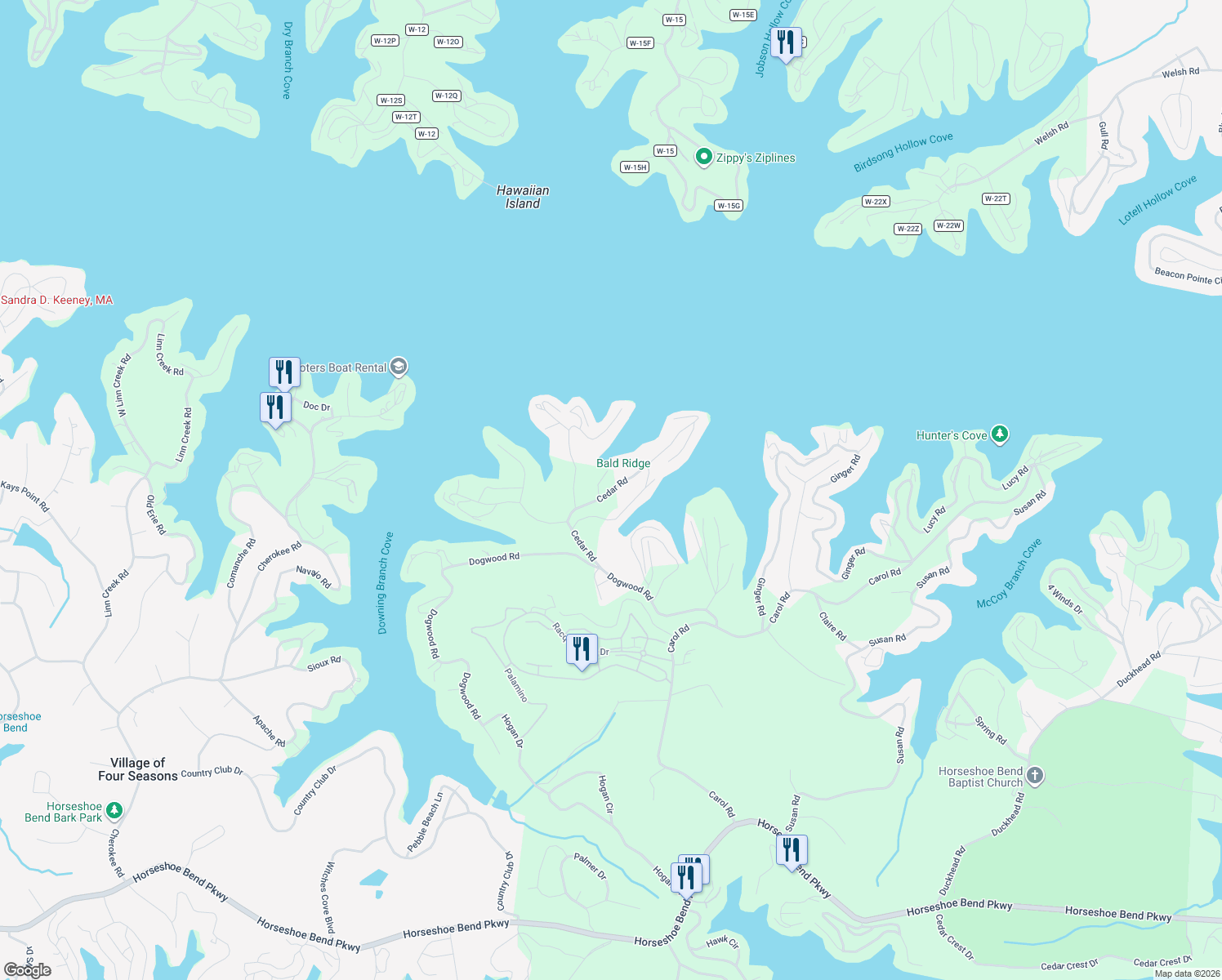 map of restaurants, bars, coffee shops, grocery stores, and more near Cedar Road in Lake Ozark