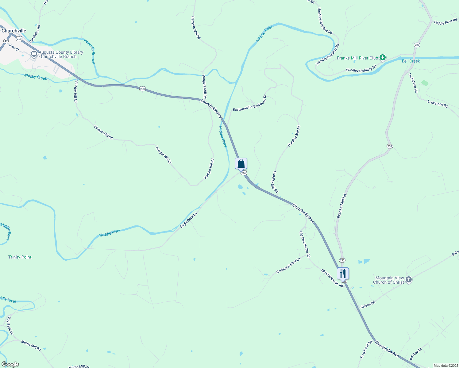 map of restaurants, bars, coffee shops, grocery stores, and more near 48 Eagle Rock Lane in Staunton