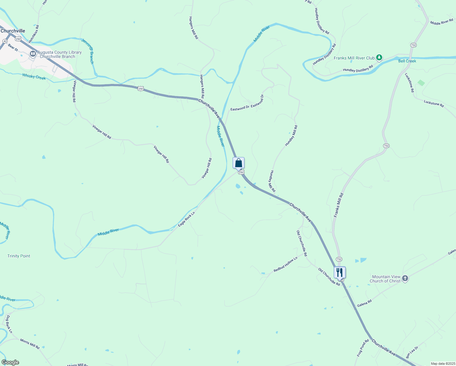 map of restaurants, bars, coffee shops, grocery stores, and more near 48 Eagle Rock Lane in Staunton