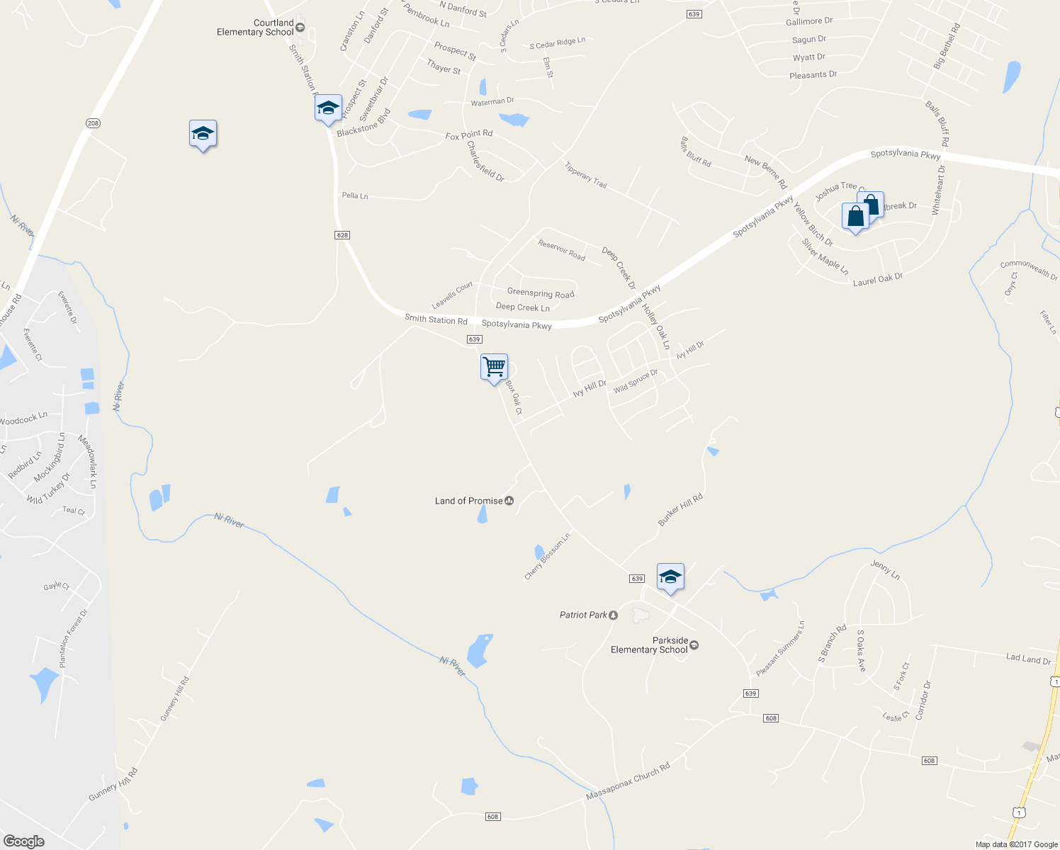 map of restaurants, bars, coffee shops, grocery stores, and more near 6117 Black Oak Court in Fredericksburg