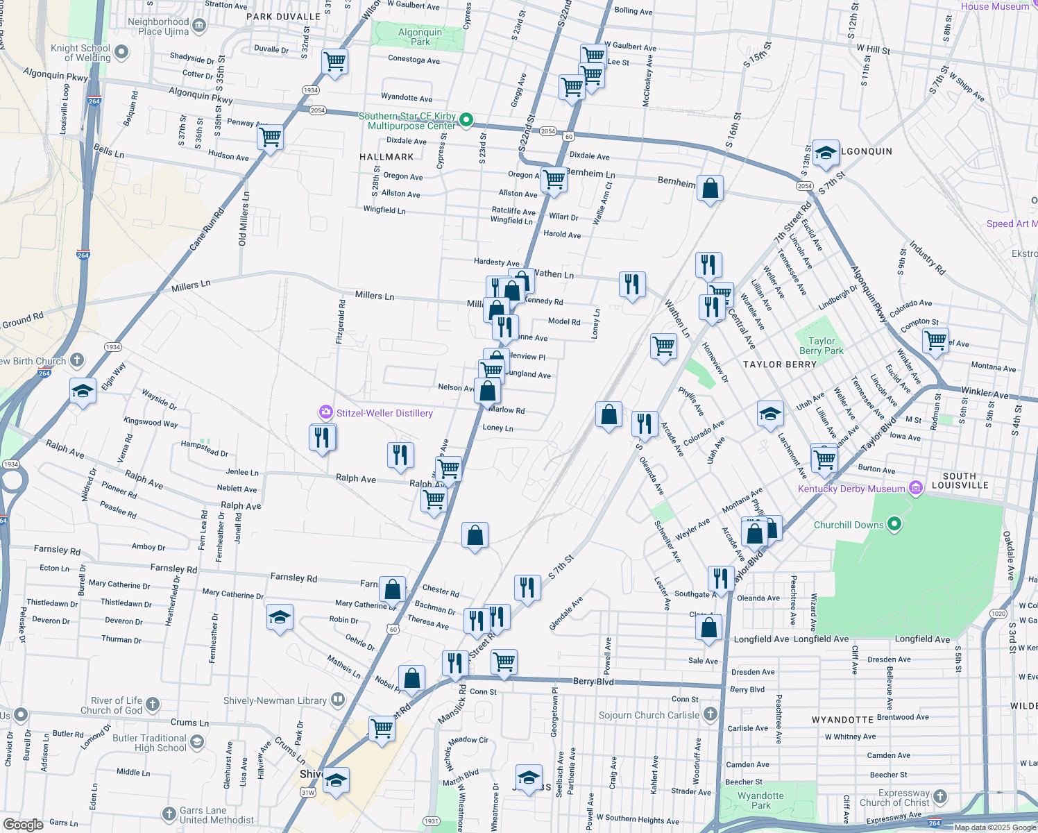 map of restaurants, bars, coffee shops, grocery stores, and more near 1716 Marlow Road in Louisville