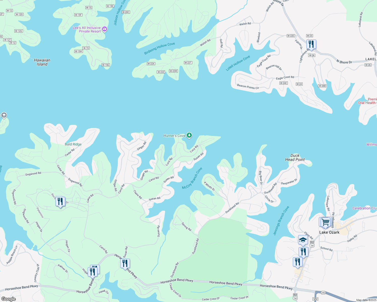 map of restaurants, bars, coffee shops, grocery stores, and more near 555-599 Lucy Road in Lake Ozark