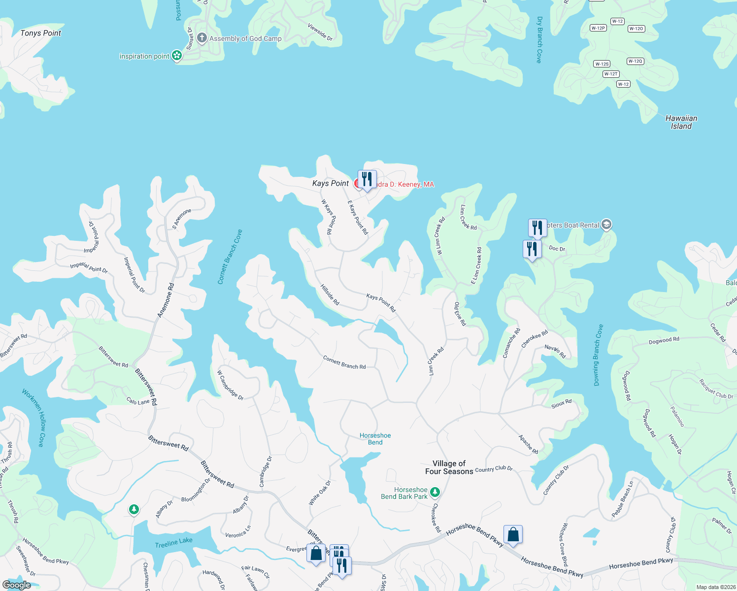map of restaurants, bars, coffee shops, grocery stores, and more near 362 Kays Point Road in Village of Four Seasons