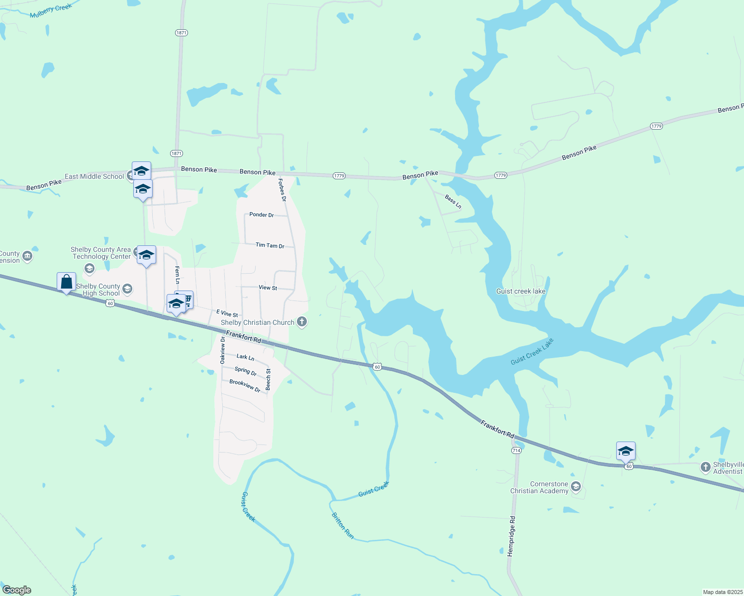 map of restaurants, bars, coffee shops, grocery stores, and more near 944 Farm Lake Road in Shelbyville