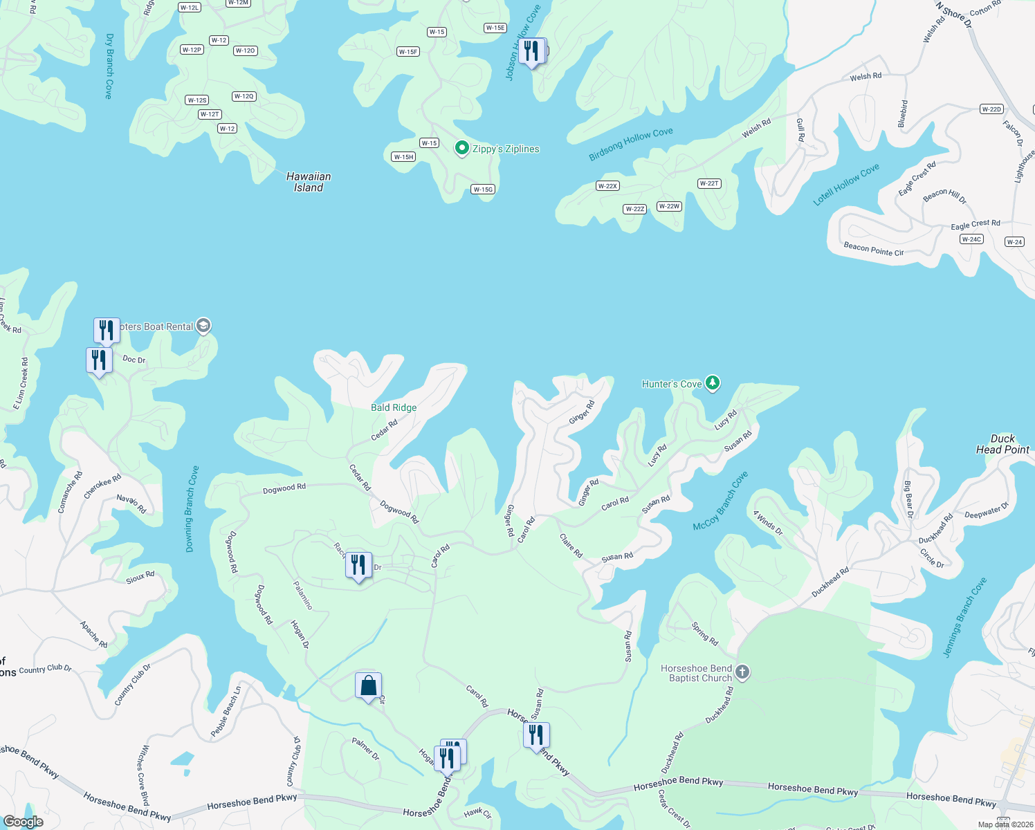 map of restaurants, bars, coffee shops, grocery stores, and more near 307-353 Ginger Road in Lake Ozark