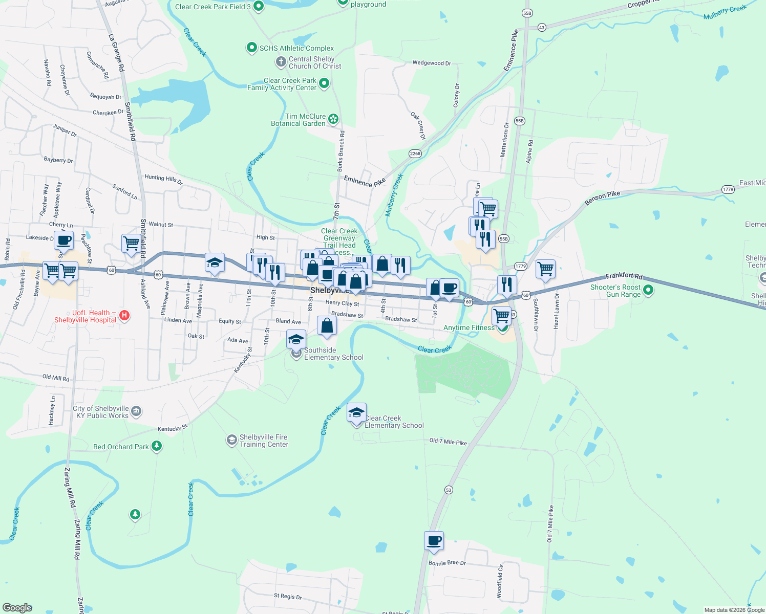 map of restaurants, bars, coffee shops, grocery stores, and more near Henry Clay St & 4th St in Shelbyville
