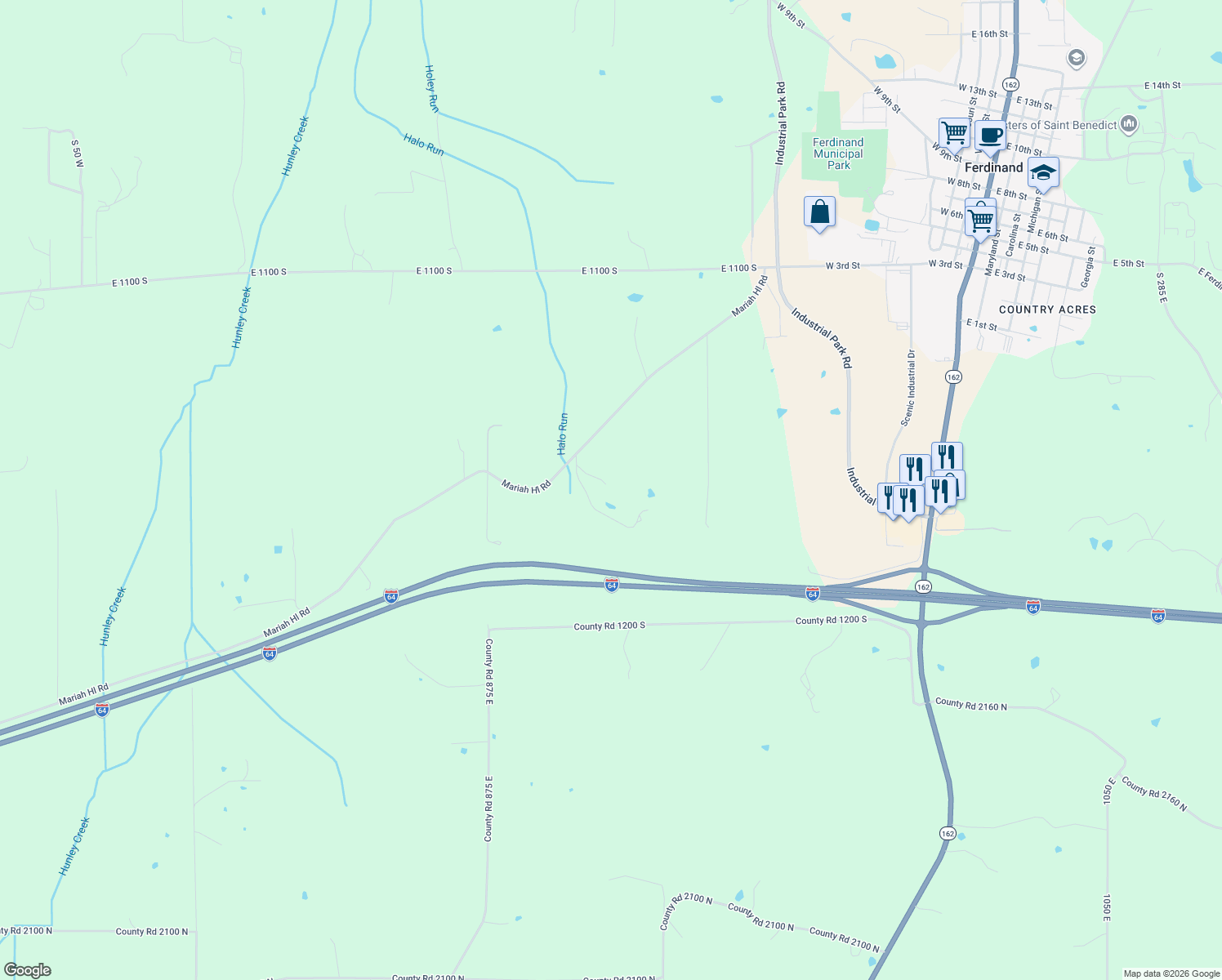 map of restaurants, bars, coffee shops, grocery stores, and more near 1026 East Mariah Hill Road in Ferdinand