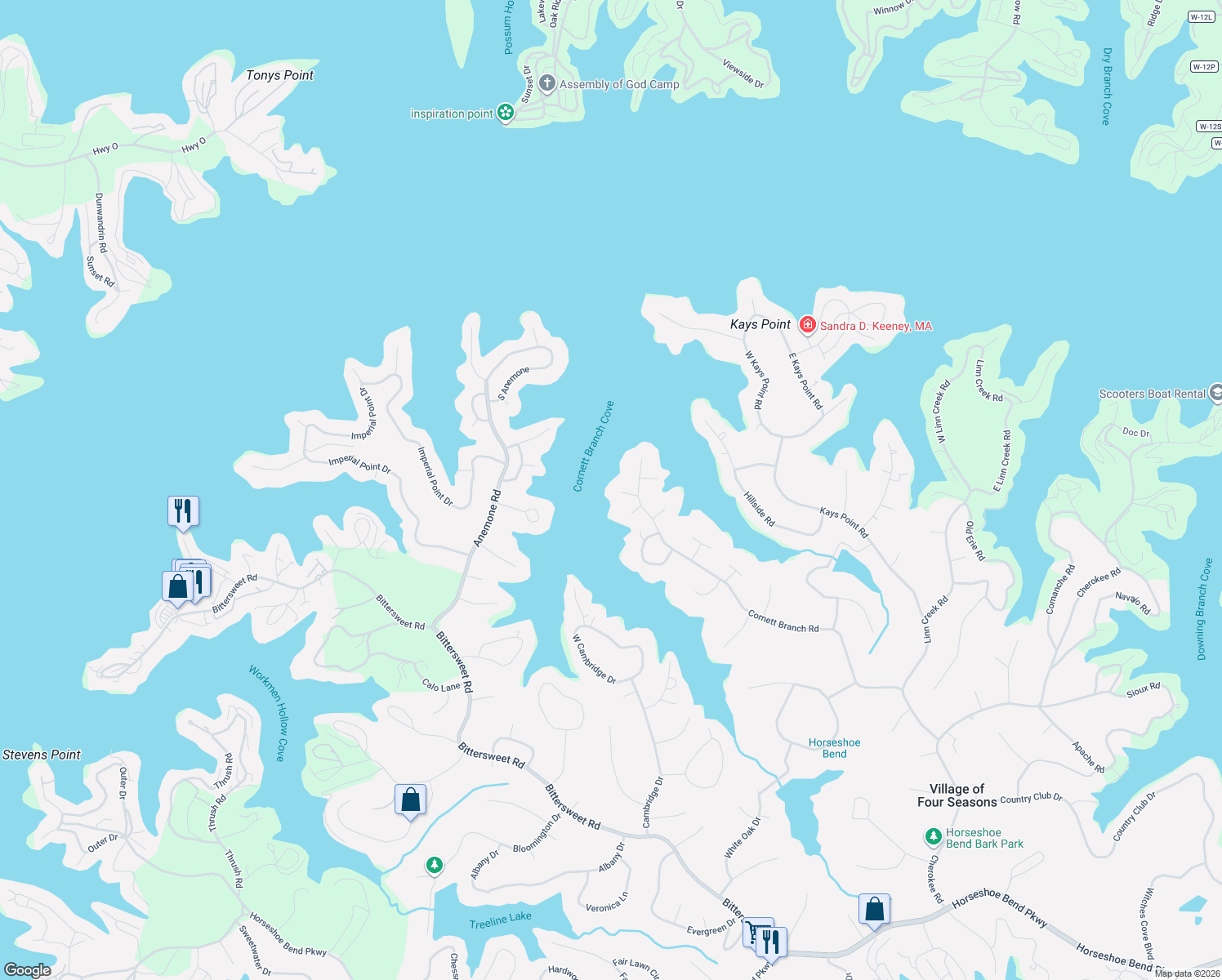 map of restaurants, bars, coffee shops, grocery stores, and more near 12 Joyce's Point in Lake Ozark