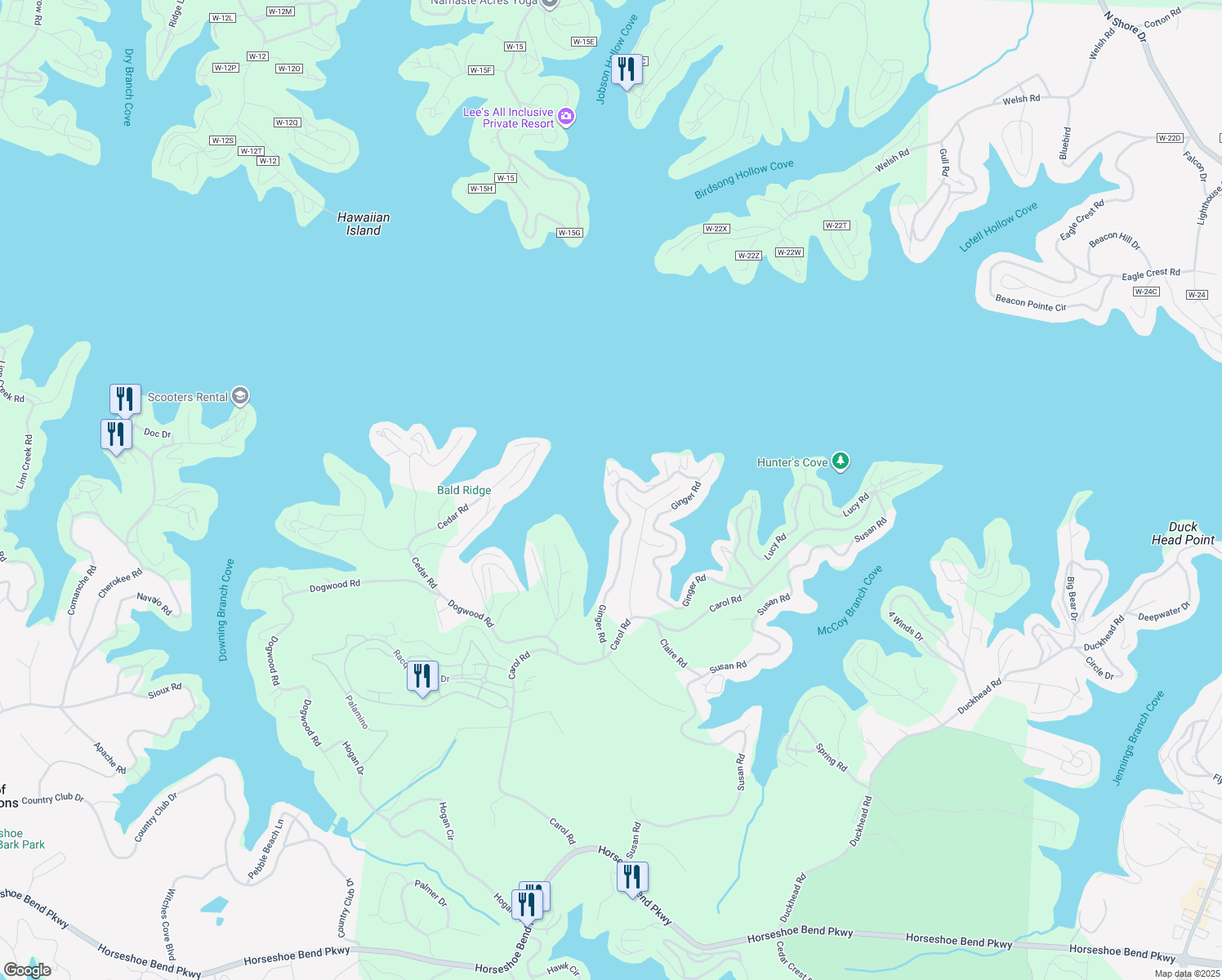 map of restaurants, bars, coffee shops, grocery stores, and more near Ginger Point in Lake Ozark