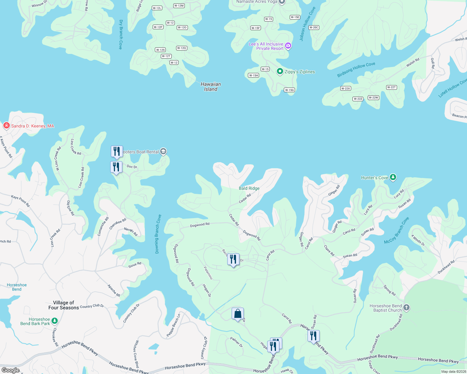 map of restaurants, bars, coffee shops, grocery stores, and more near 128 Maple Road in Lake Ozark