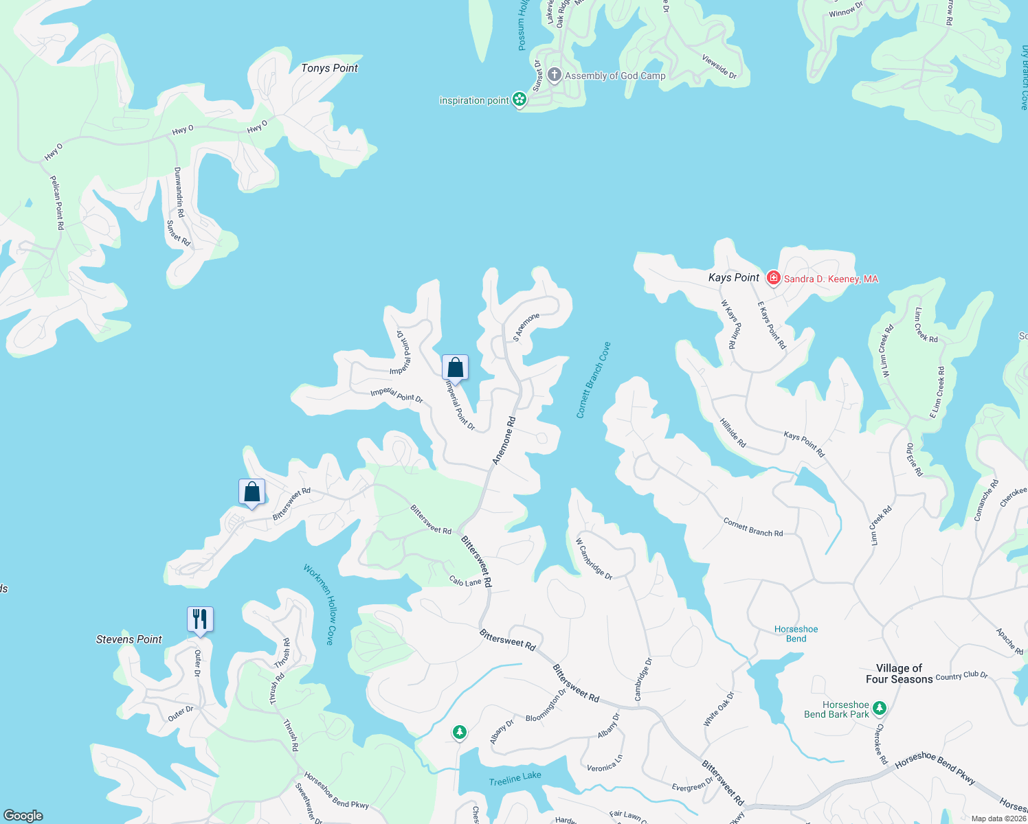 map of restaurants, bars, coffee shops, grocery stores, and more near Anemone Road in Lake Ozark