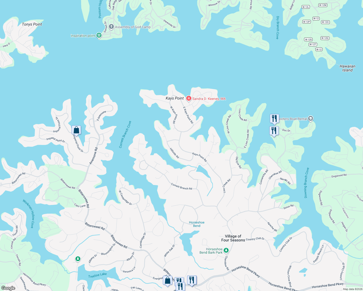 map of restaurants, bars, coffee shops, grocery stores, and more near 362-484 Kays Point Rd in Lake Ozark