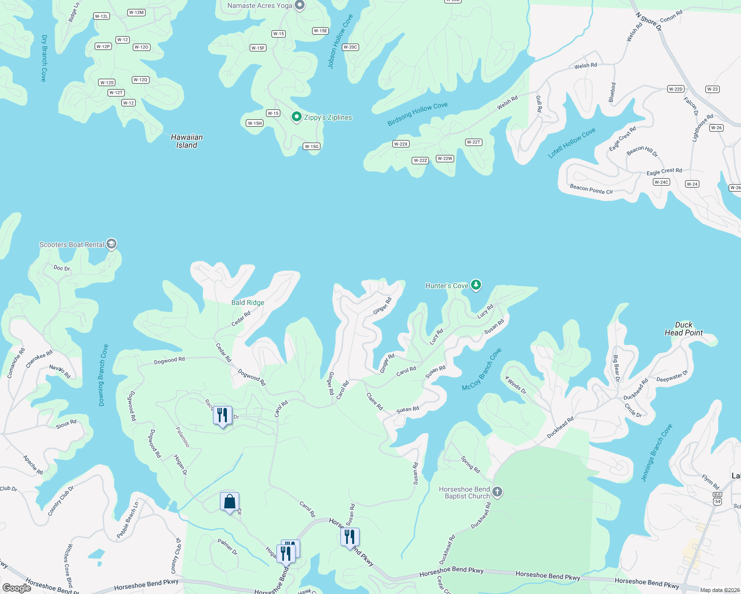 map of restaurants, bars, coffee shops, grocery stores, and more near 353 Ginger Rd in Lake Ozark