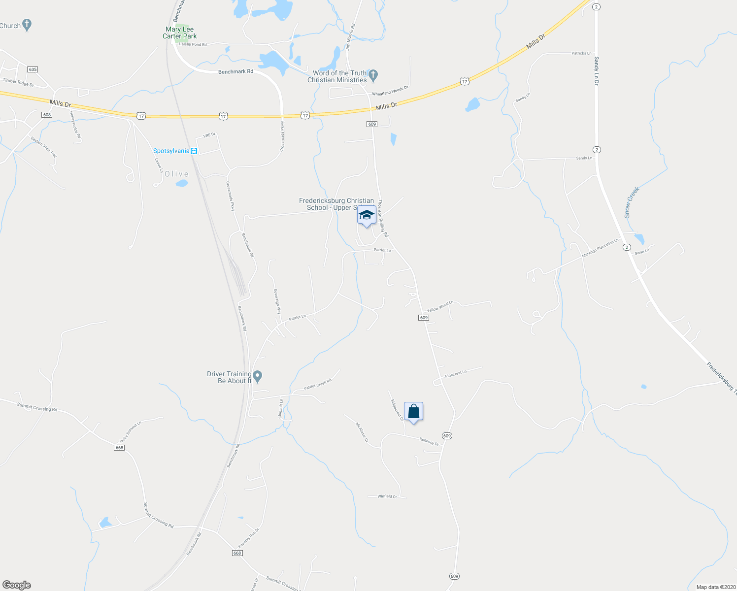 map of restaurants, bars, coffee shops, grocery stores, and more near 2740 Patriot Lane in Fredericksburg