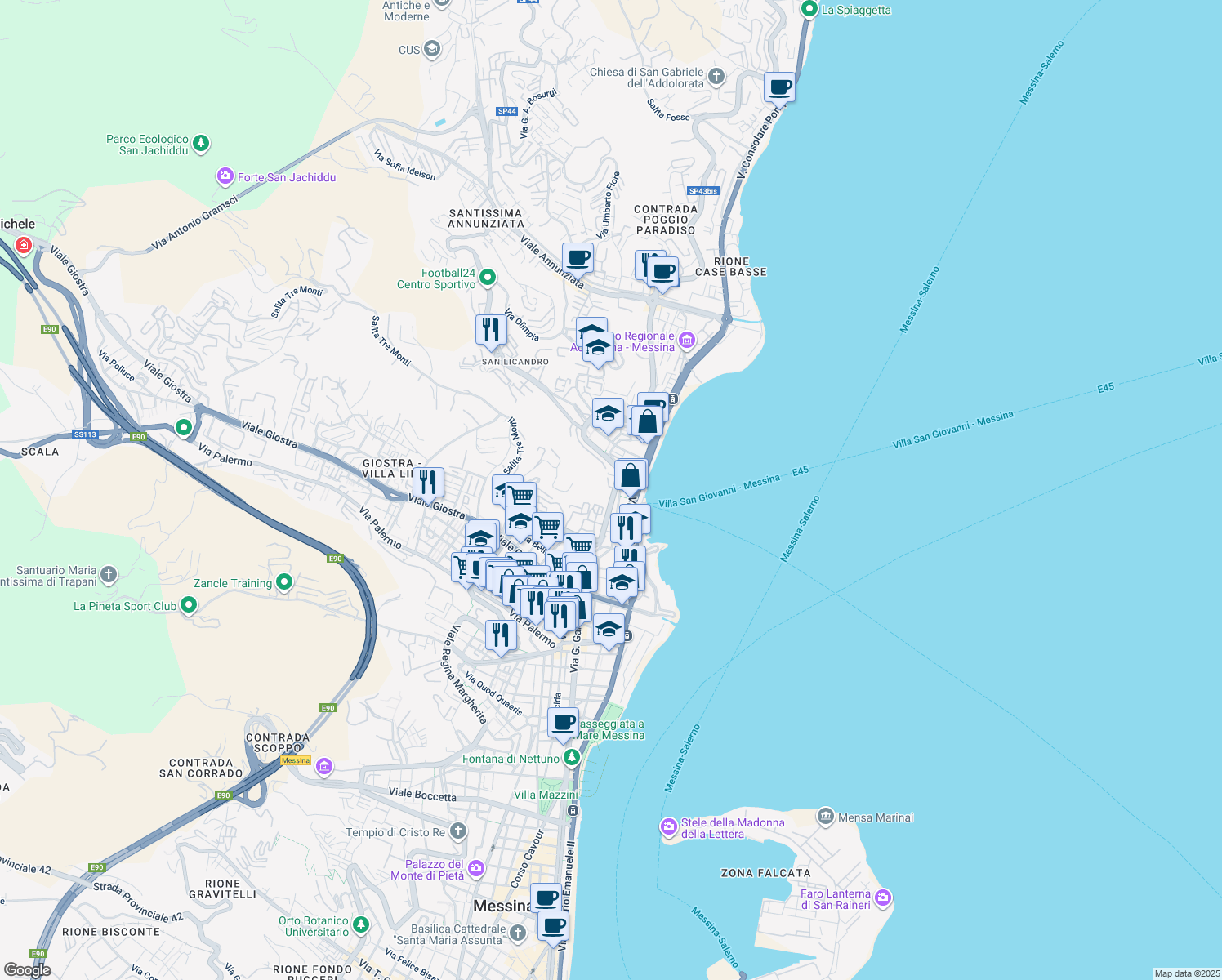 map of restaurants, bars, coffee shops, grocery stores, and more near 121 Viale Regina Elena in Messina
