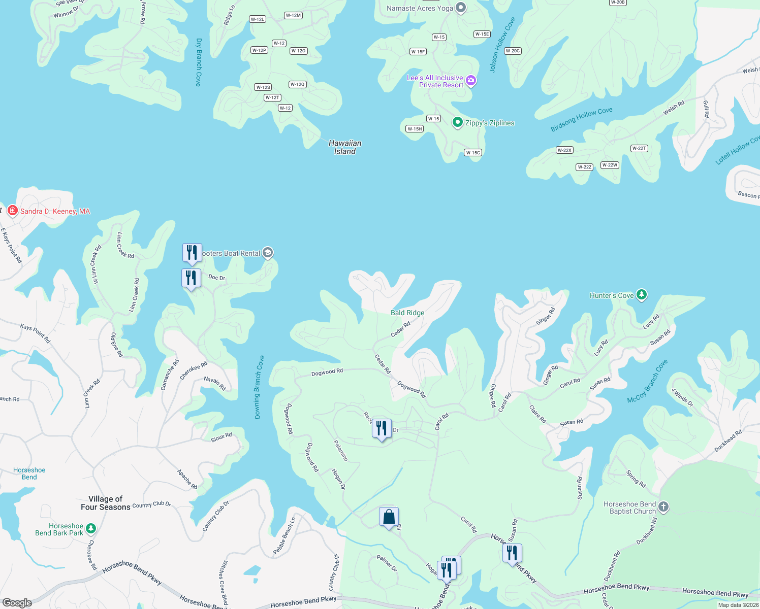 map of restaurants, bars, coffee shops, grocery stores, and more near 128 Maple Road in Lake Ozark