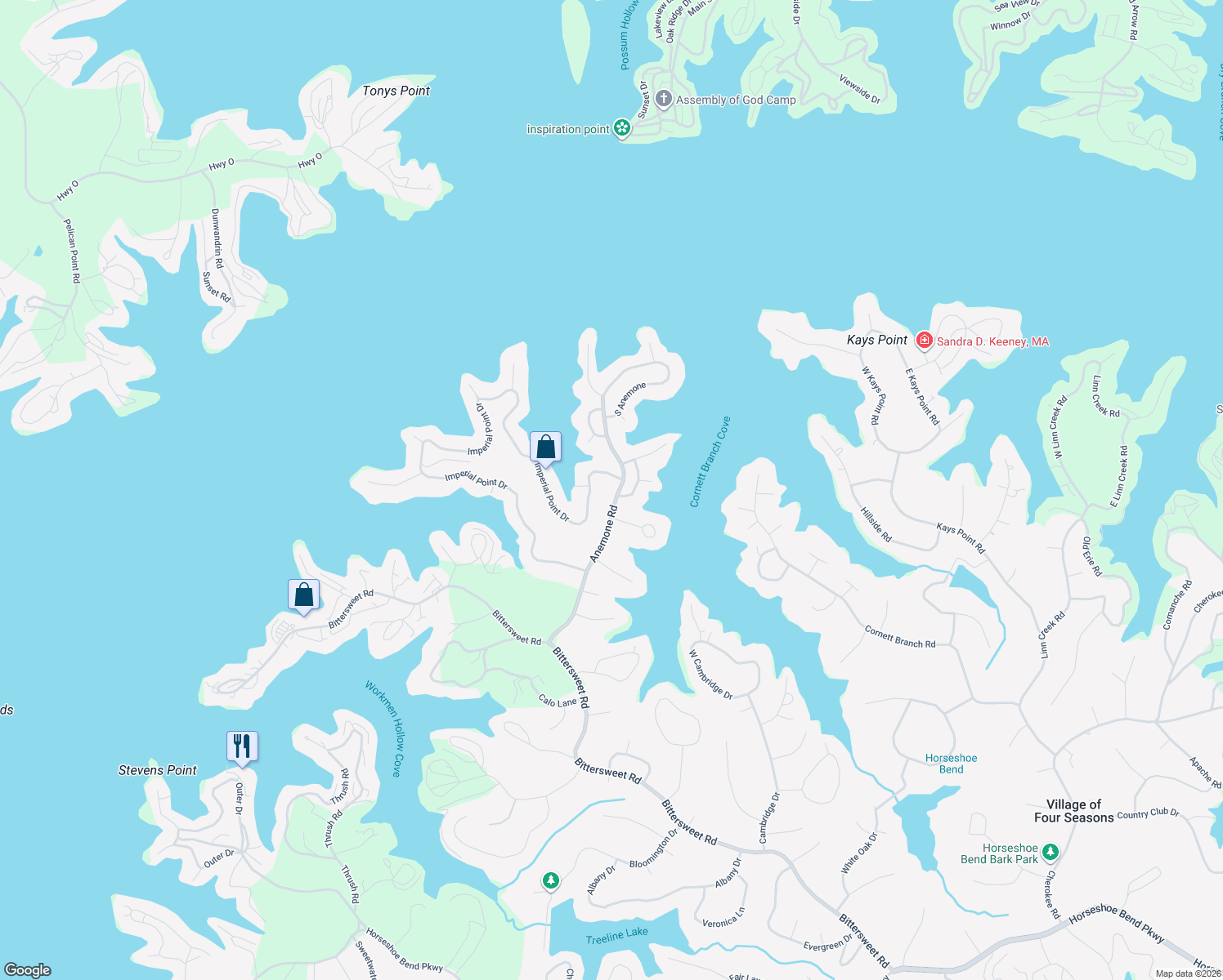 map of restaurants, bars, coffee shops, grocery stores, and more near 13-19 Park Circle Drive in Village of Four Seasons