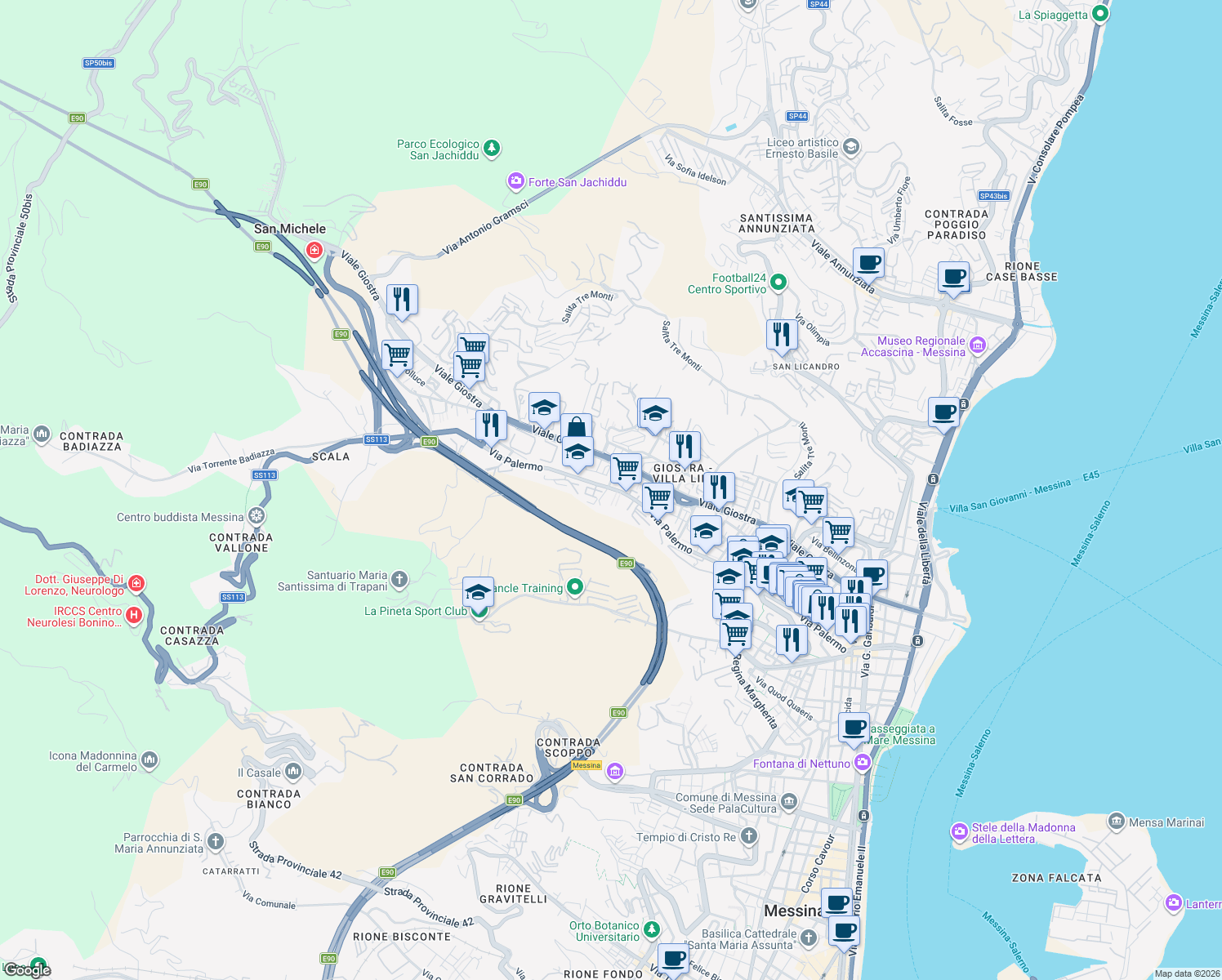 map of restaurants, bars, coffee shops, grocery stores, and more near 409 Via Palermo in Messina