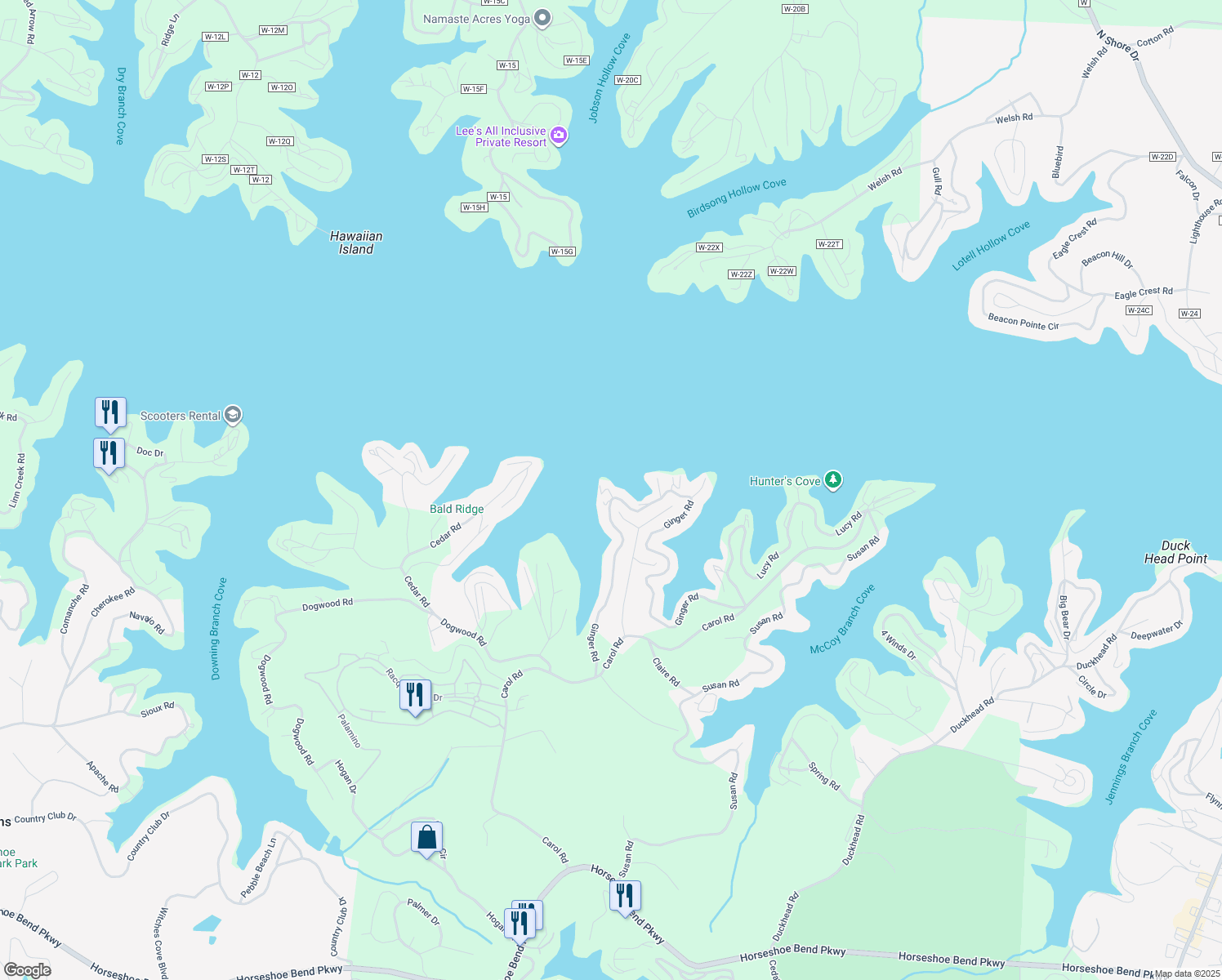 map of restaurants, bars, coffee shops, grocery stores, and more near Ginger Point in Lake Ozark