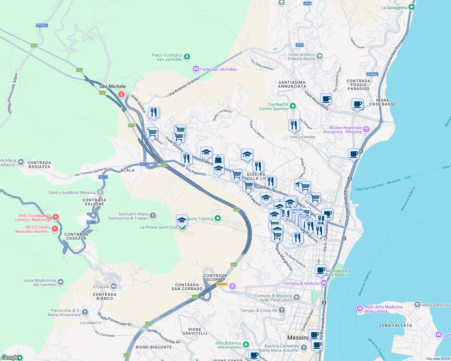 map of restaurants, bars, coffee shops, grocery stores, and more near 409 Via Palermo in Messina