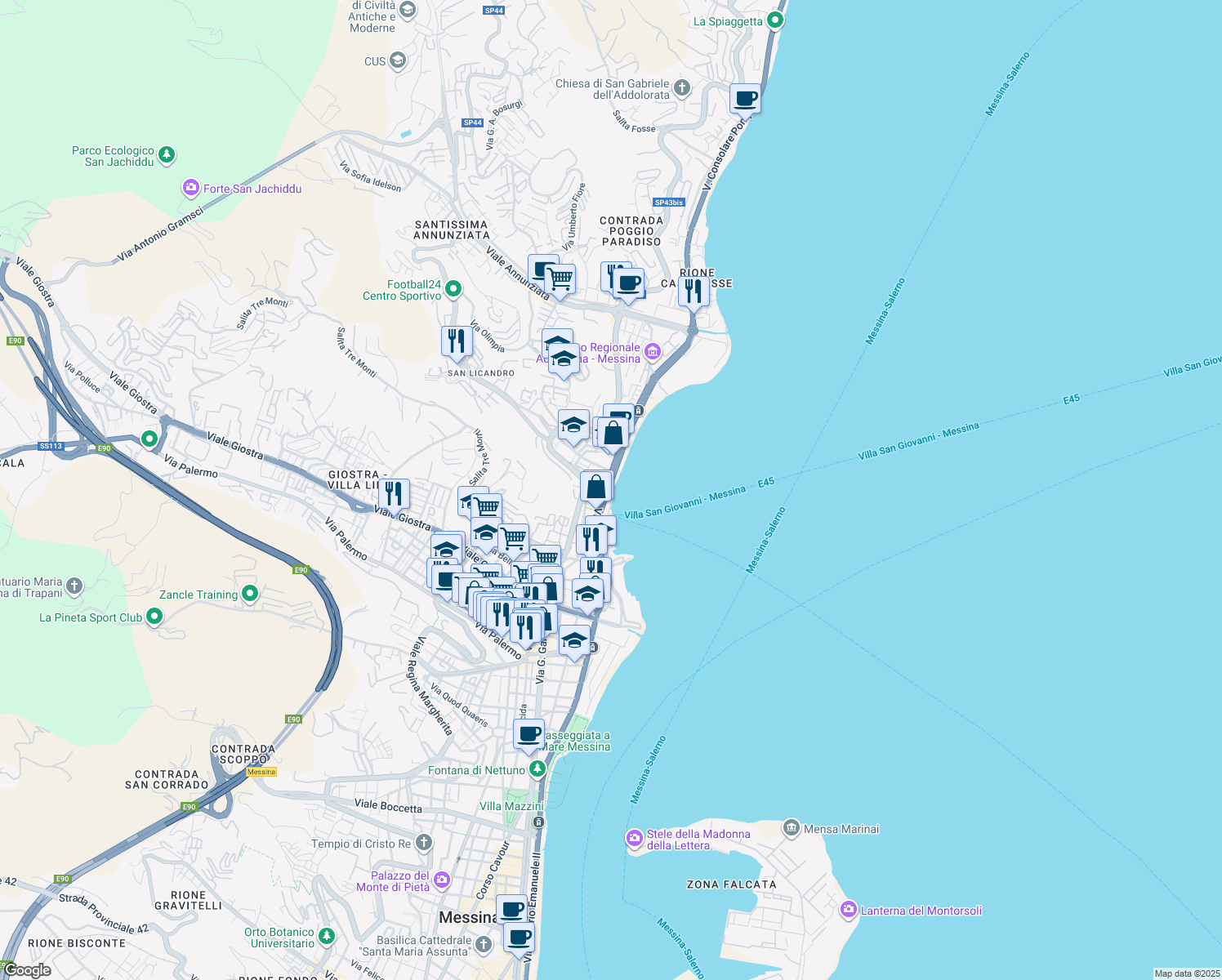 map of restaurants, bars, coffee shops, grocery stores, and more near 40 Viale della Libertà in Messina