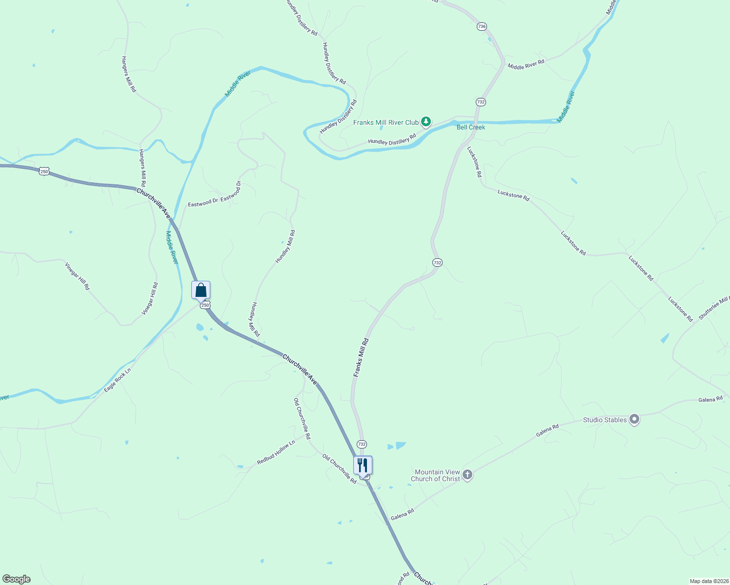 map of restaurants, bars, coffee shops, grocery stores, and more near 340 Franks Mill Road in Staunton