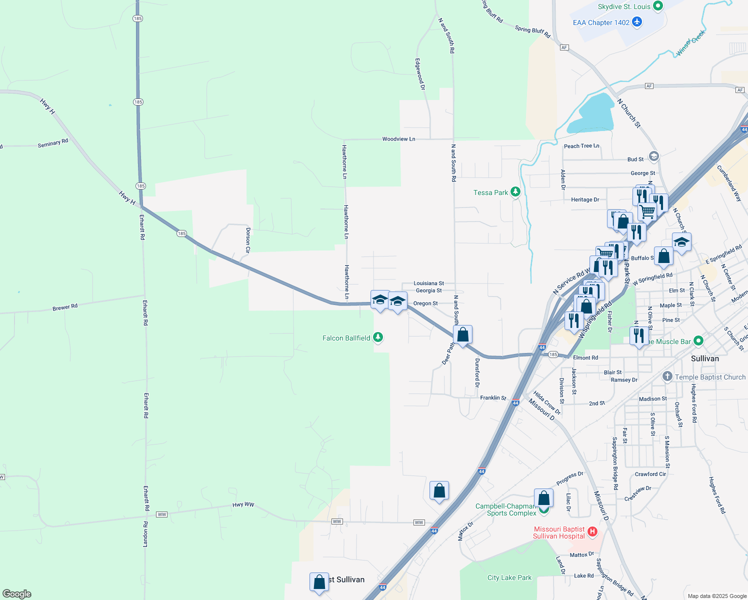 map of restaurants, bars, coffee shops, grocery stores, and more near 531 Falcon Drive in Sullivan