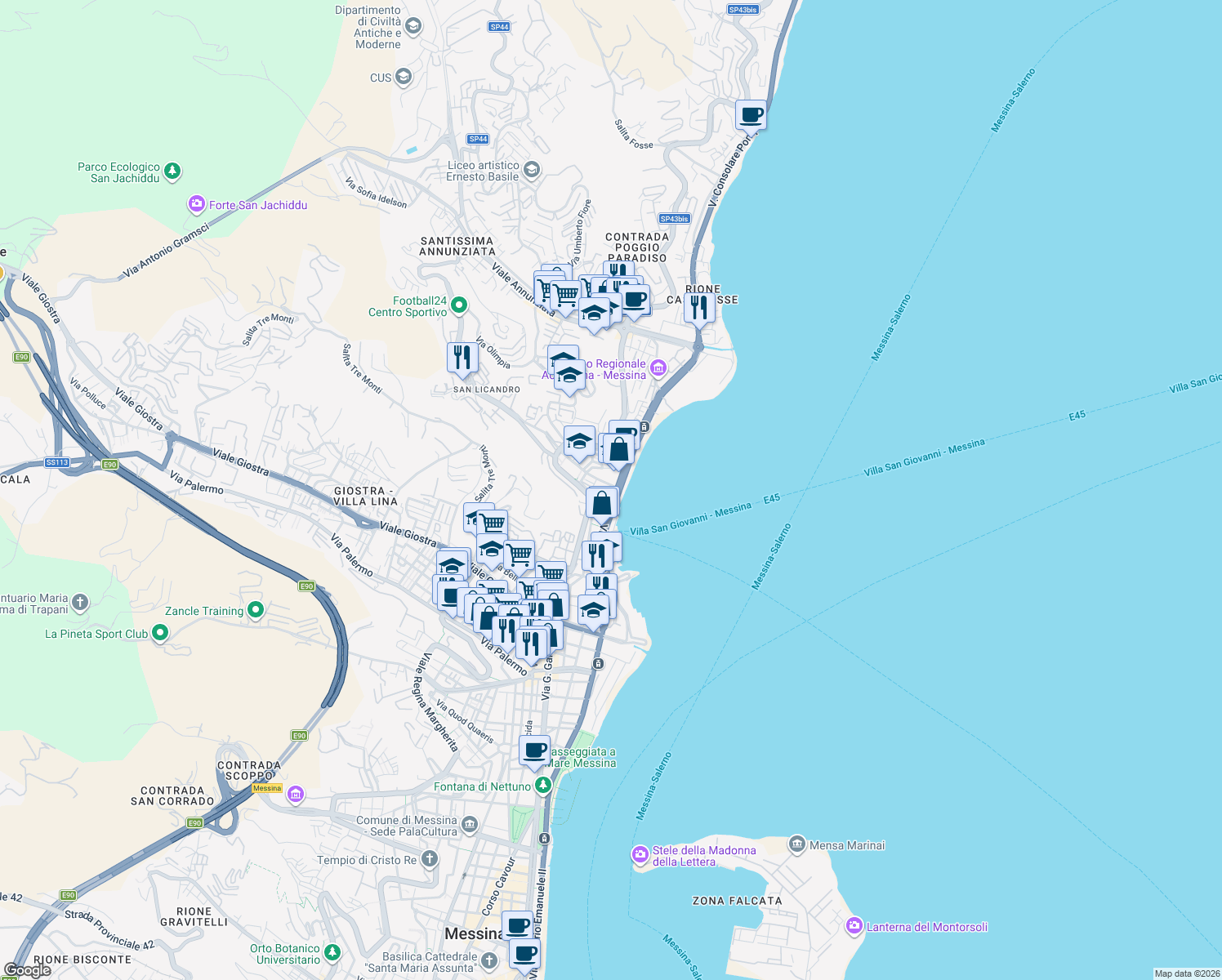 map of restaurants, bars, coffee shops, grocery stores, and more near 12 Via Brasile in Messina