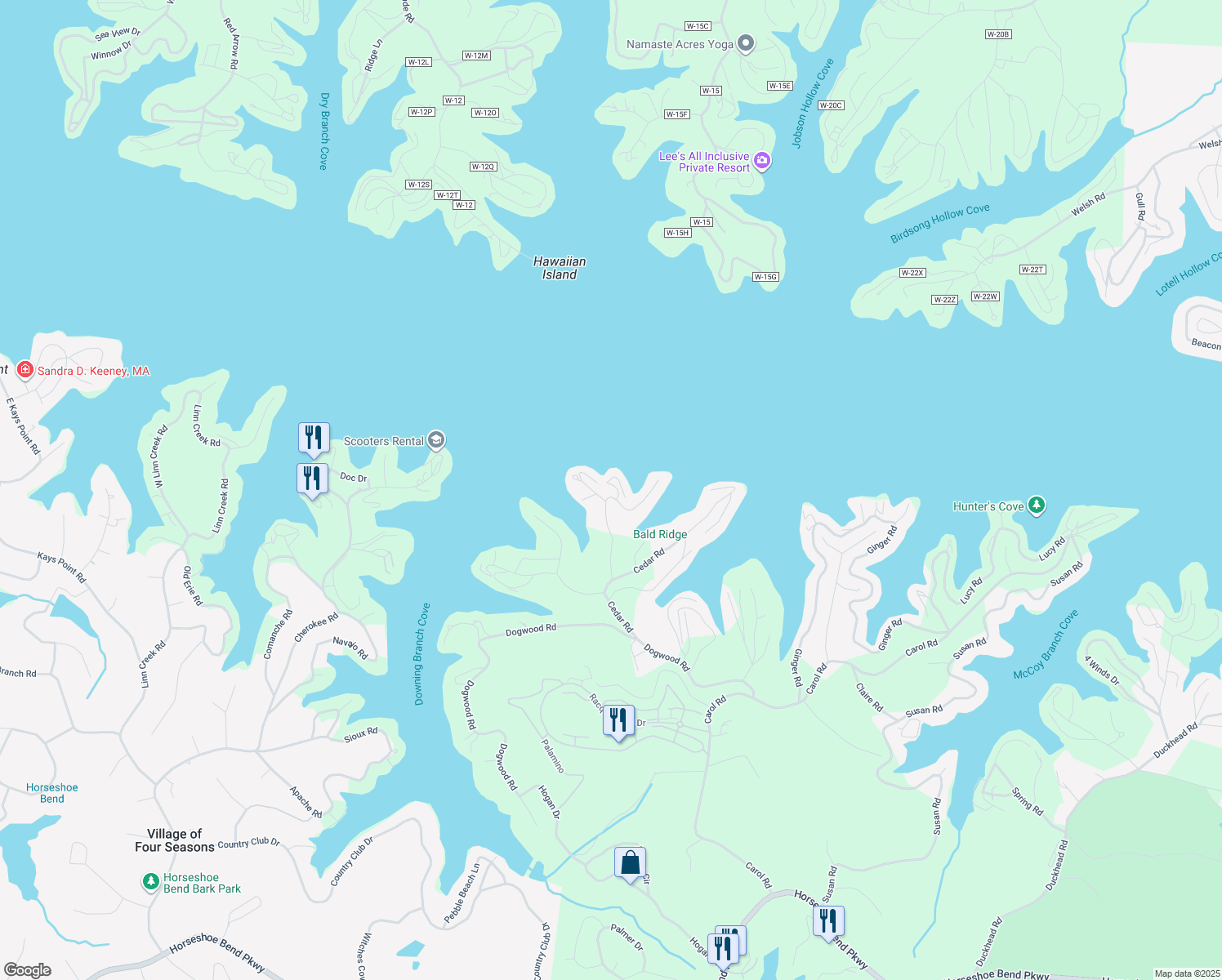 map of restaurants, bars, coffee shops, grocery stores, and more near 251 Maple Road in Lake Ozark