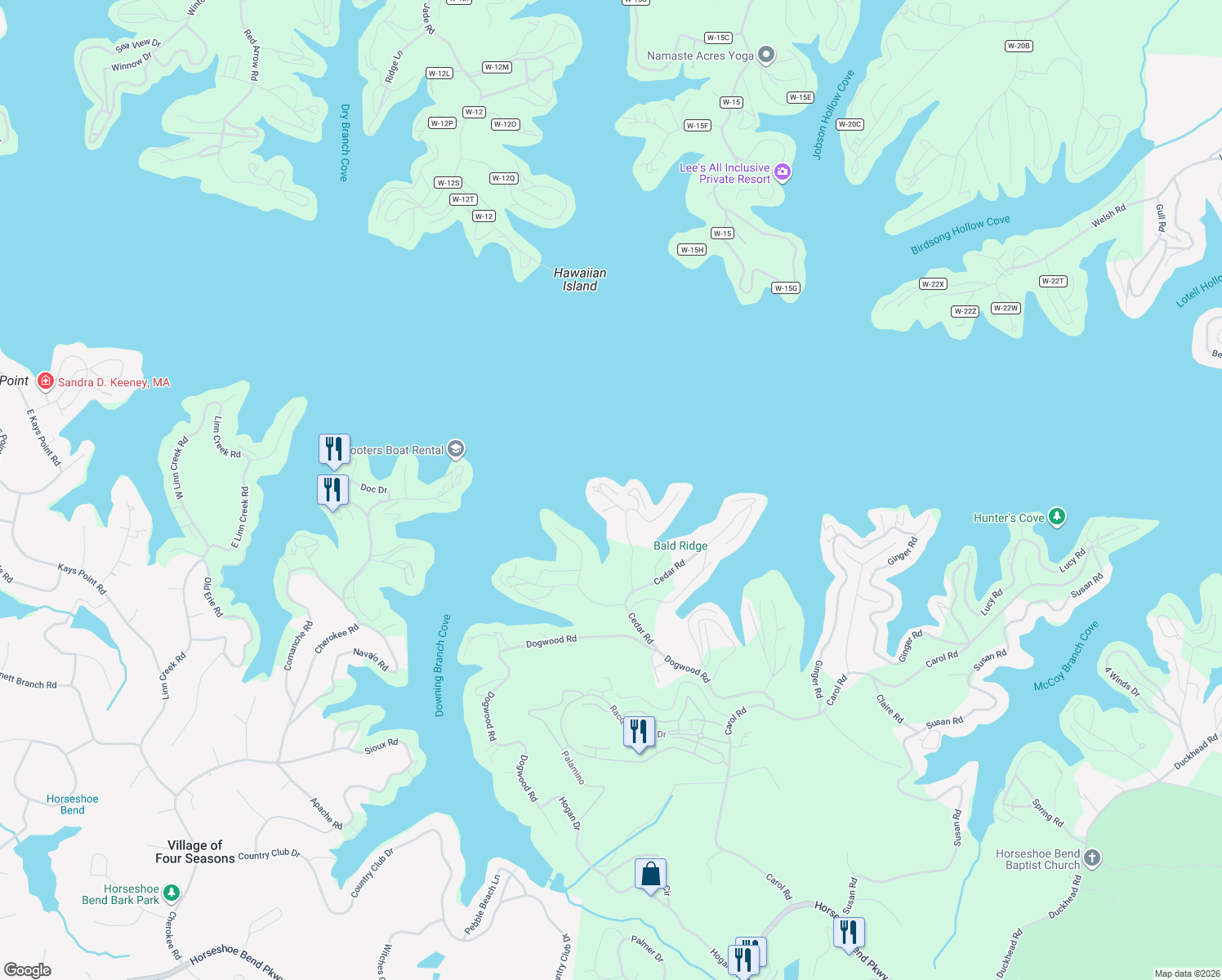 map of restaurants, bars, coffee shops, grocery stores, and more near 1-43 Tara Road in Lake Ozark