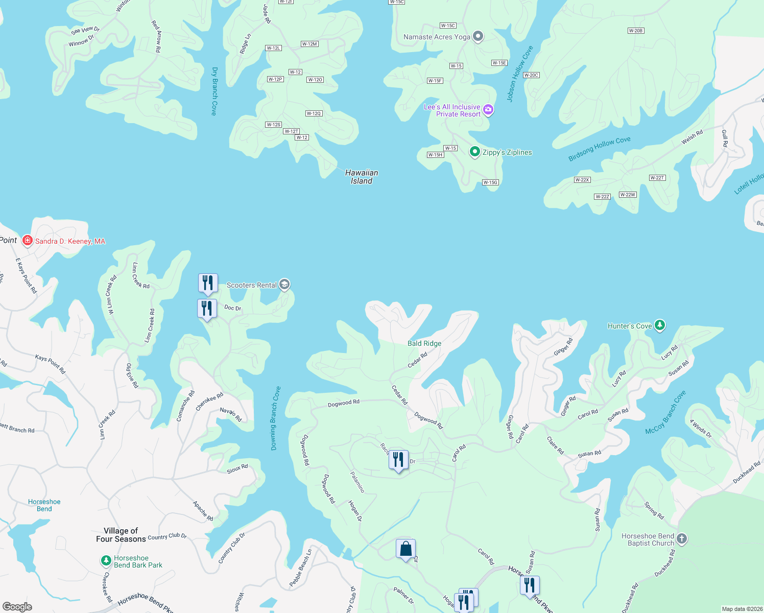 map of restaurants, bars, coffee shops, grocery stores, and more near 1-43 Tara Road in Lake Ozark