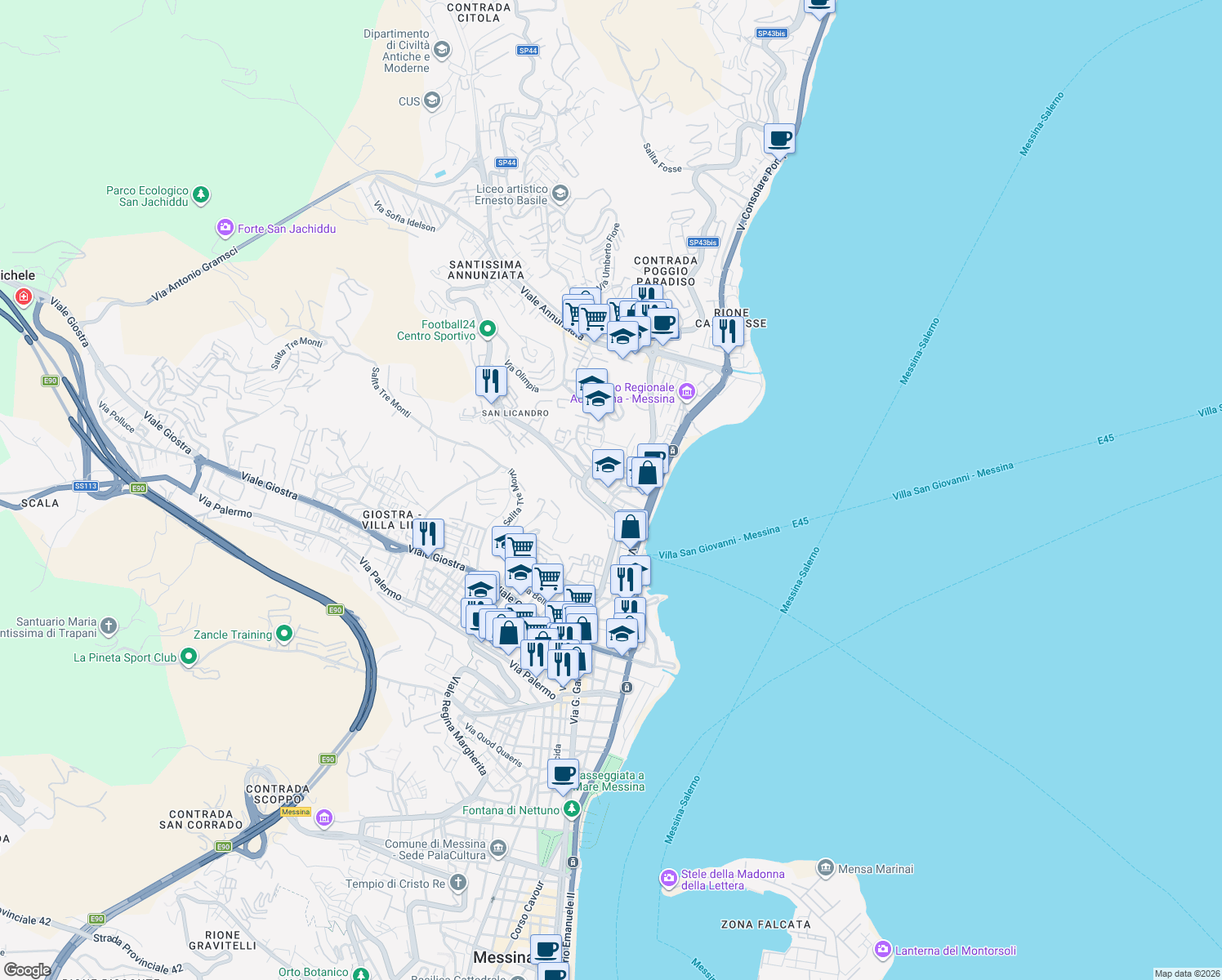 map of restaurants, bars, coffee shops, grocery stores, and more near 12 Via Brasile in Messina