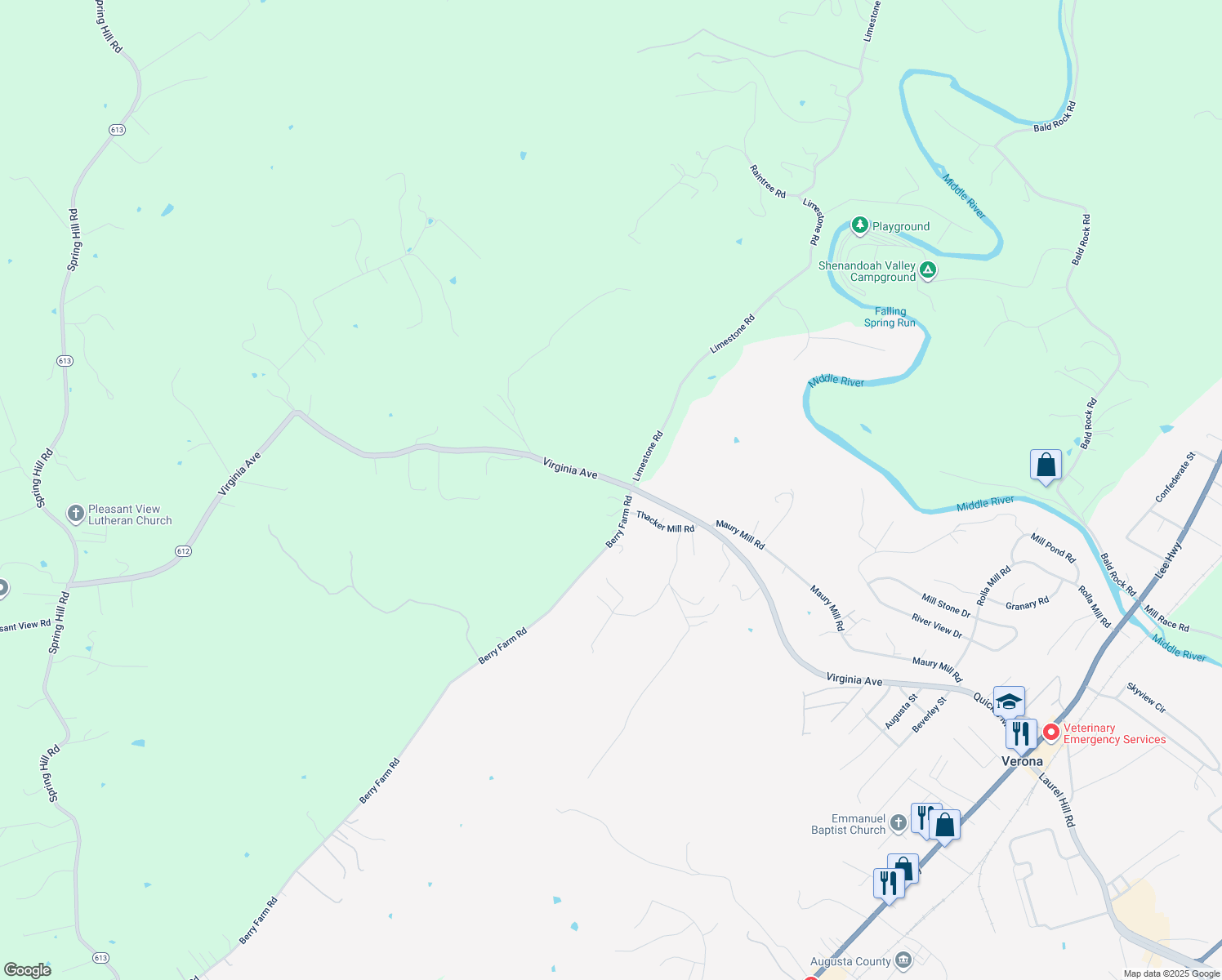 map of restaurants, bars, coffee shops, grocery stores, and more near 600 Quick's Mill Road in Staunton