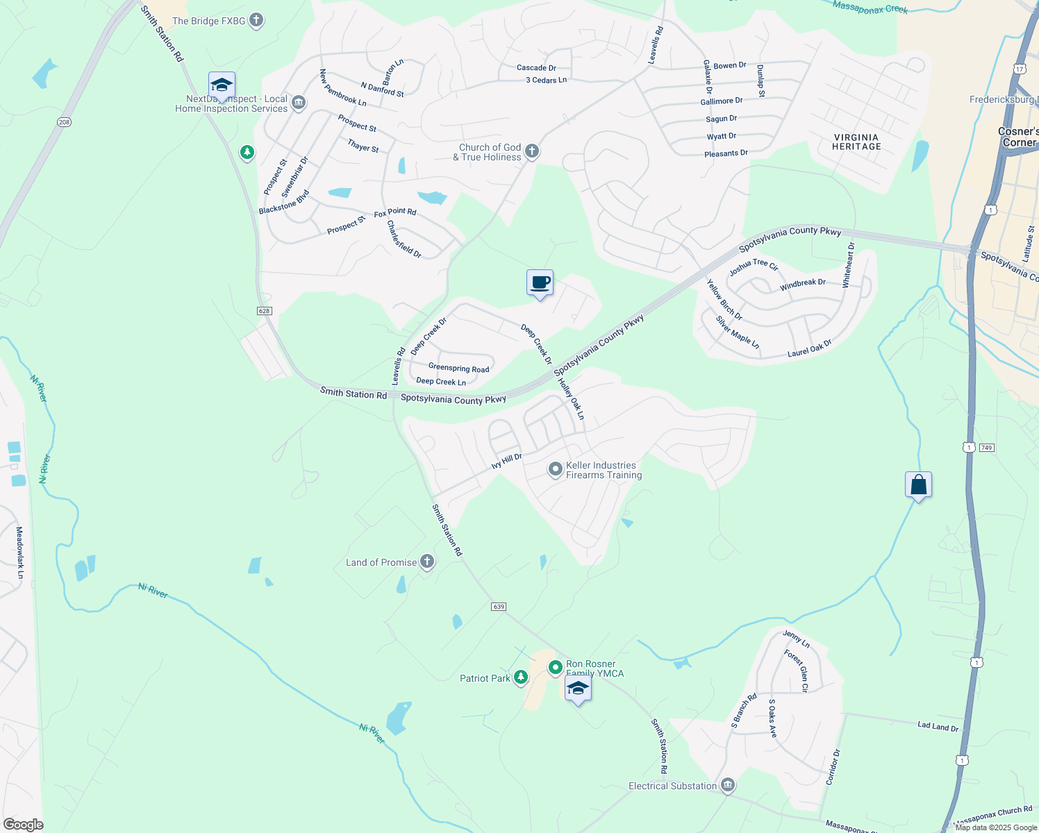 map of restaurants, bars, coffee shops, grocery stores, and more near 9339 Birch Cliff Drive in Fredericksburg
