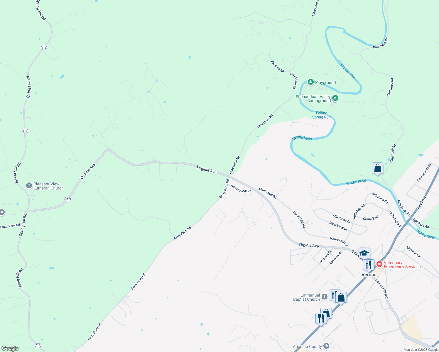 map of restaurants, bars, coffee shops, grocery stores, and more near 600 Quick's Mill Road in Staunton