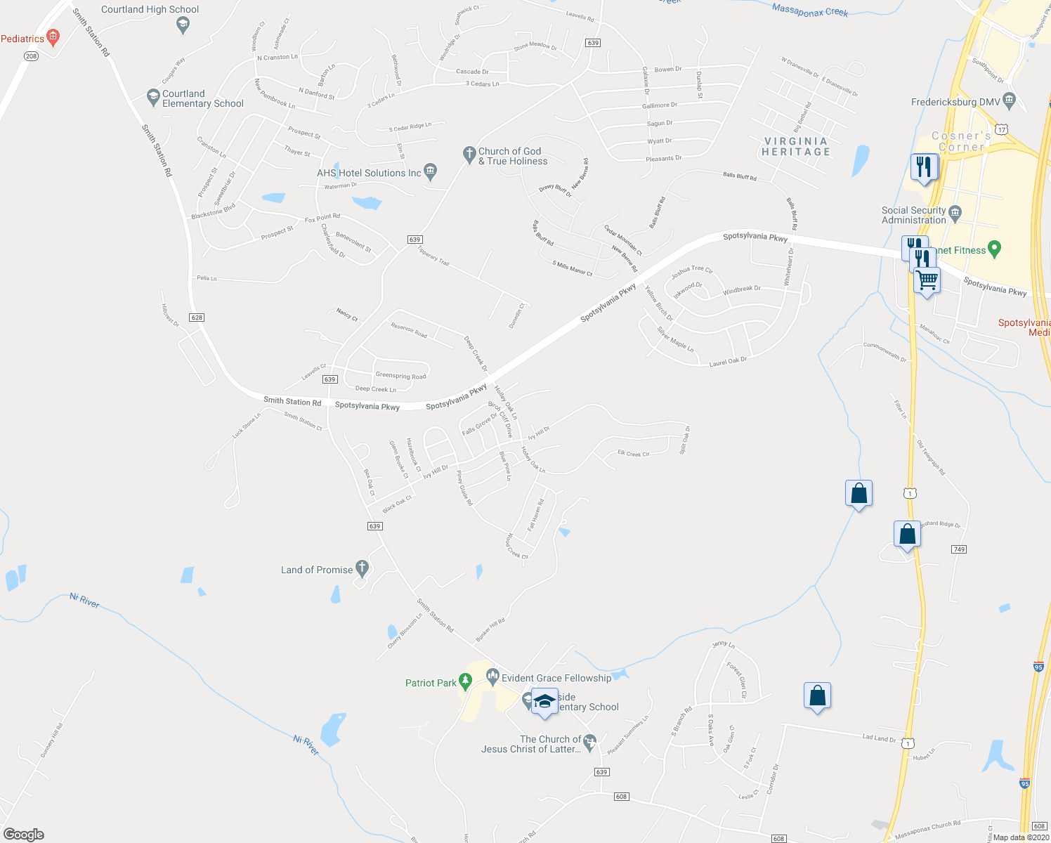 map of restaurants, bars, coffee shops, grocery stores, and more near 9806 Autumn Path Court in Fredericksburg