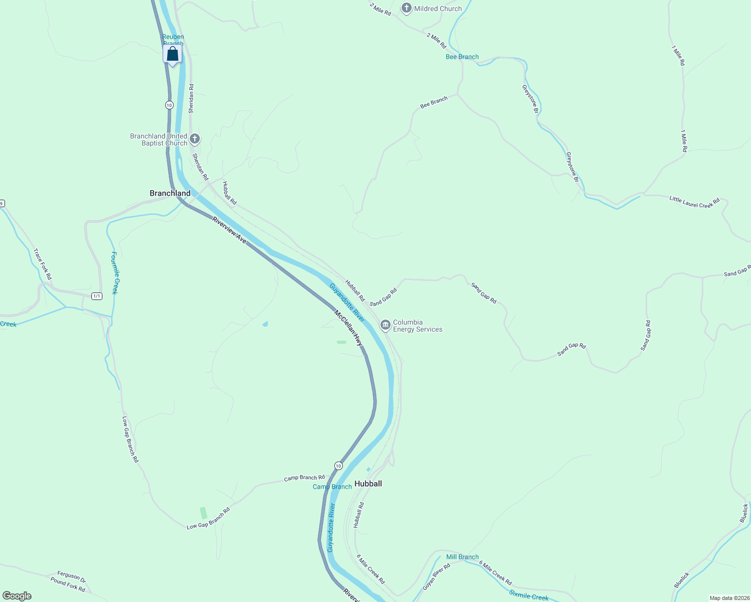 map of restaurants, bars, coffee shops, grocery stores, and more near 13 Sand Gap Road in Branchland