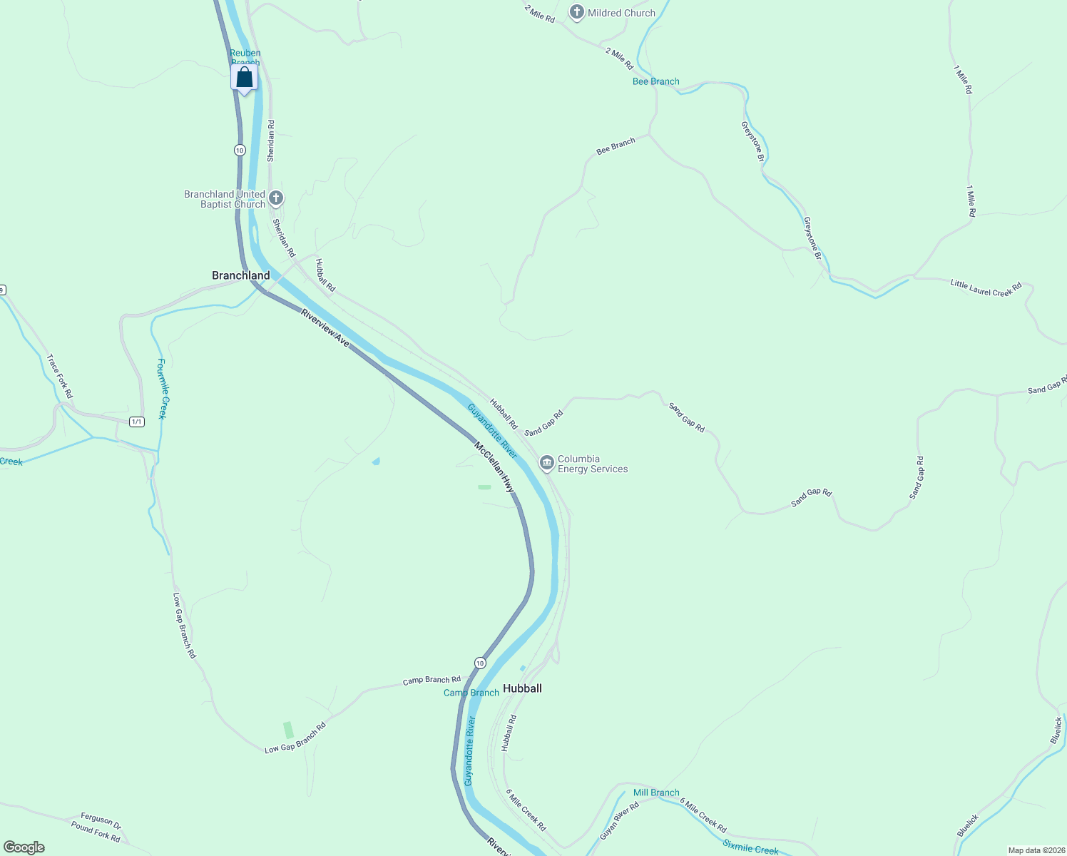 map of restaurants, bars, coffee shops, grocery stores, and more near 13 Sand Gap Road in Branchland