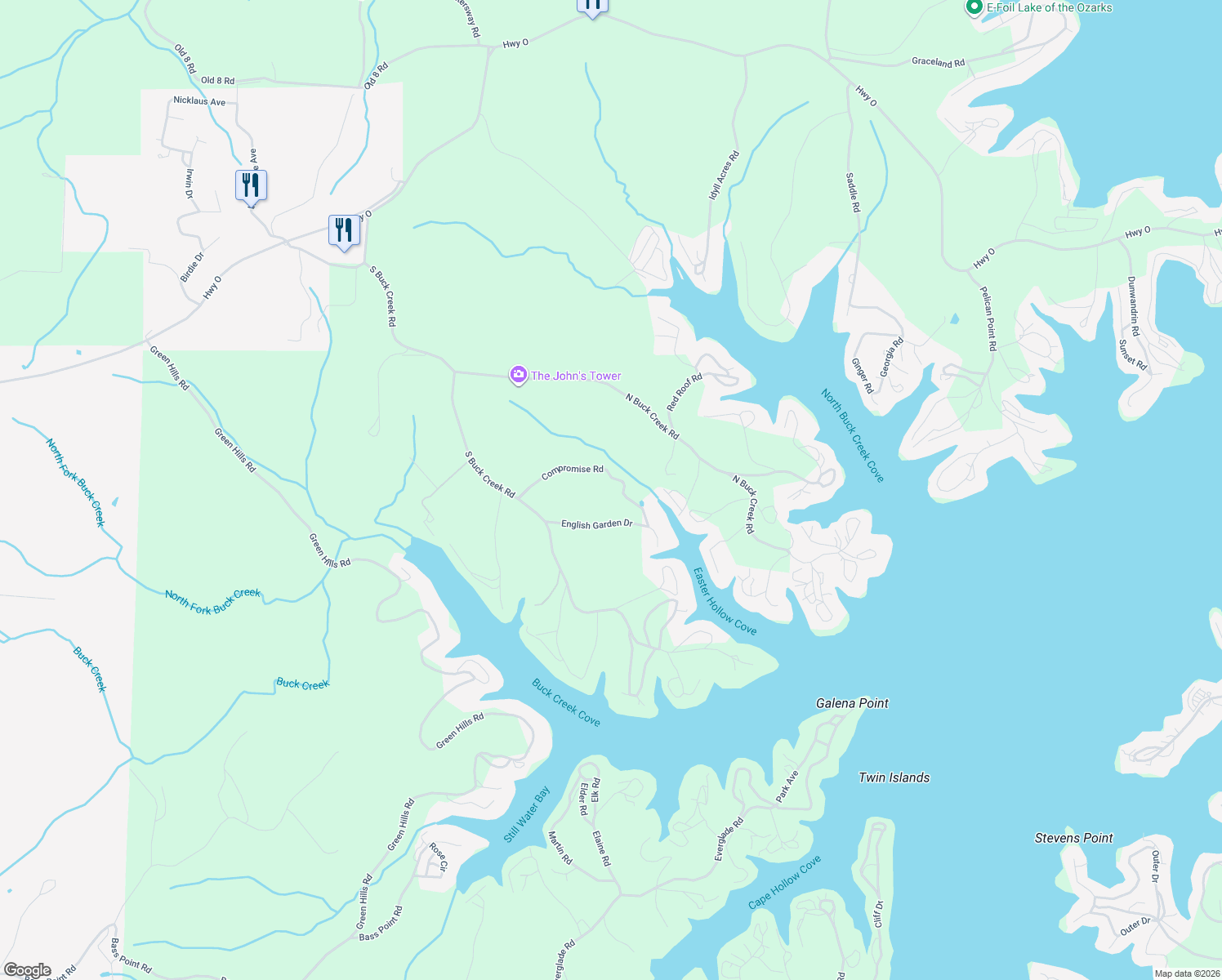 map of restaurants, bars, coffee shops, grocery stores, and more near 32512 Compromise Road in Gravois Mills