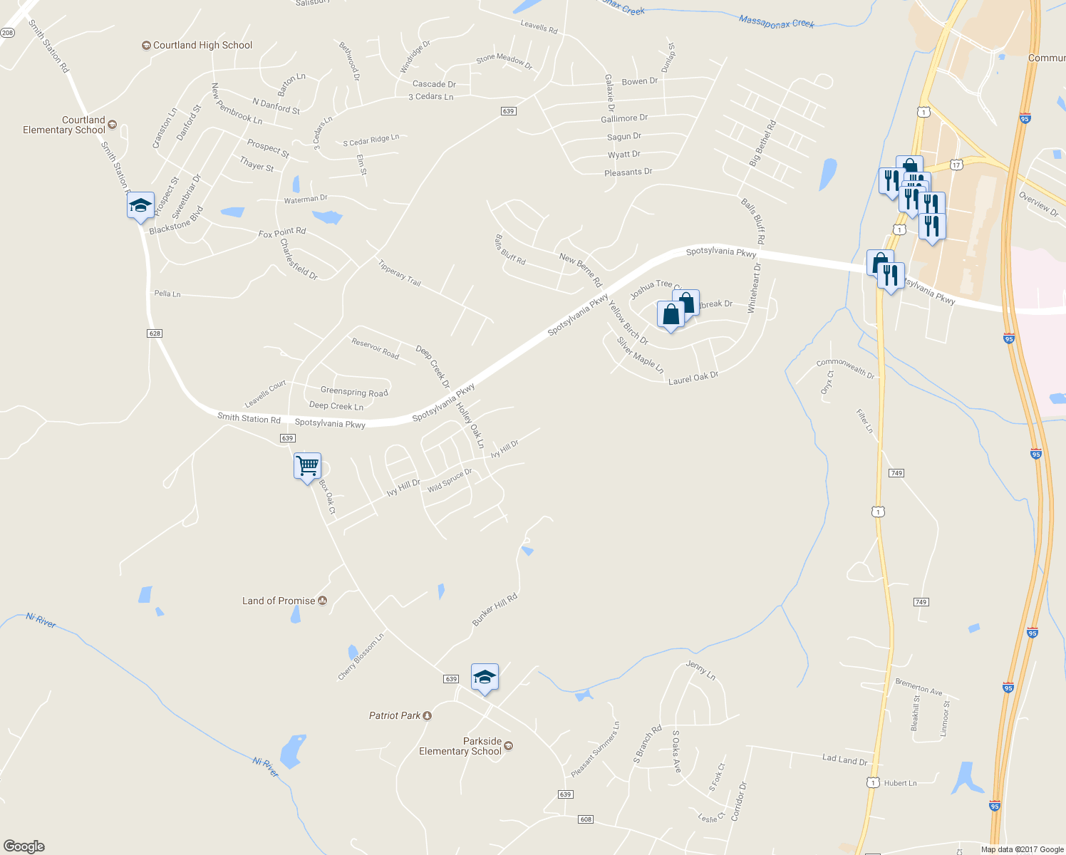 map of restaurants, bars, coffee shops, grocery stores, and more near 5619 Ivy Hill Drive in Fredericksburg