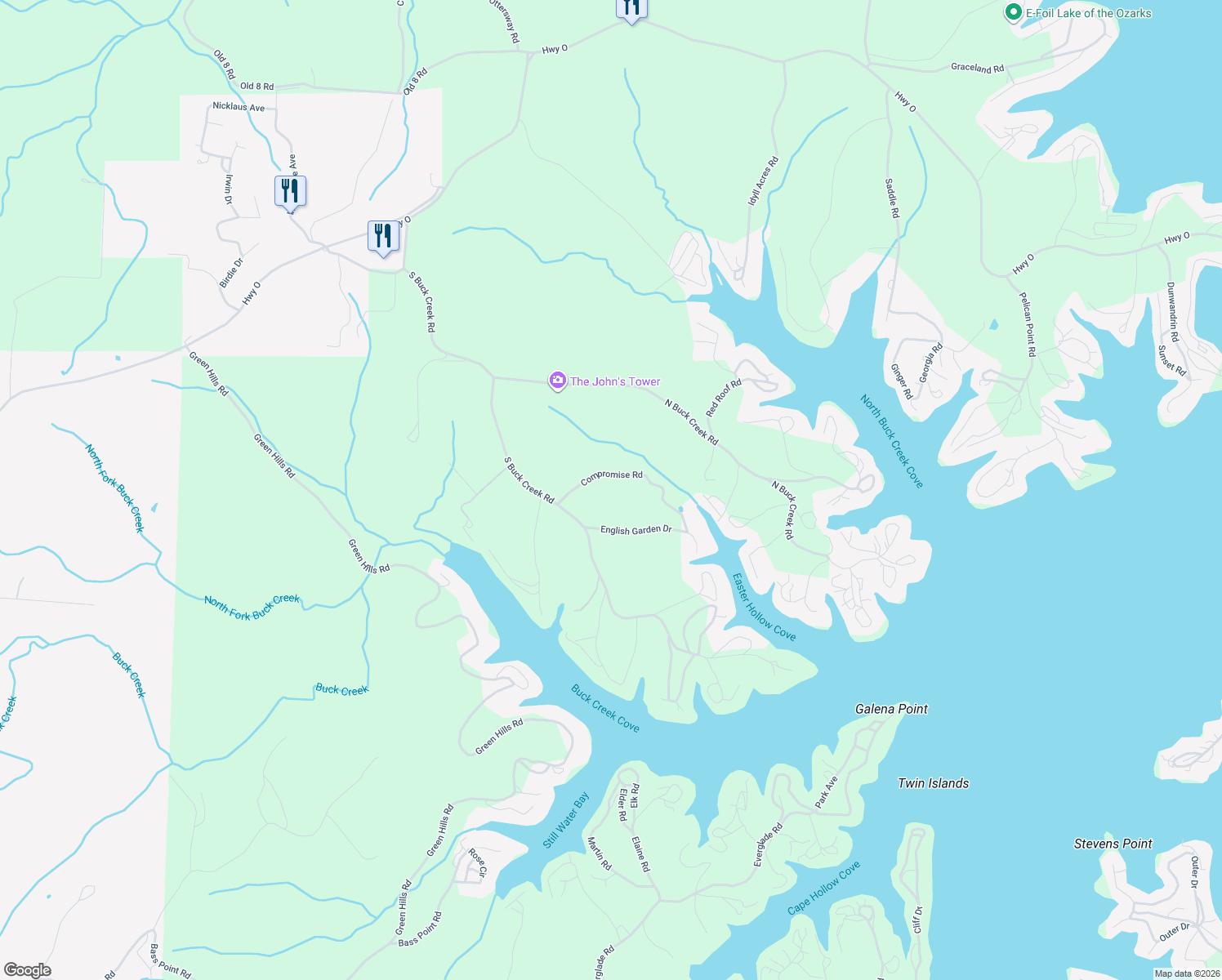 map of restaurants, bars, coffee shops, grocery stores, and more near 32506 Compromise Road in Gravois Mills